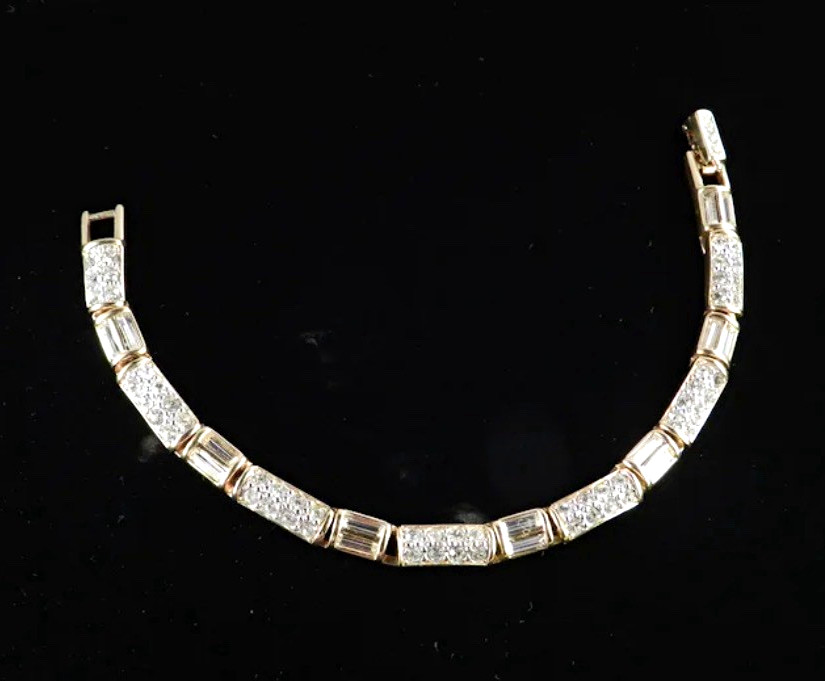 Swarovski Gold Tone Tennis Bar Link Bracelet Baguette CZ Channel-Set Box Clasp