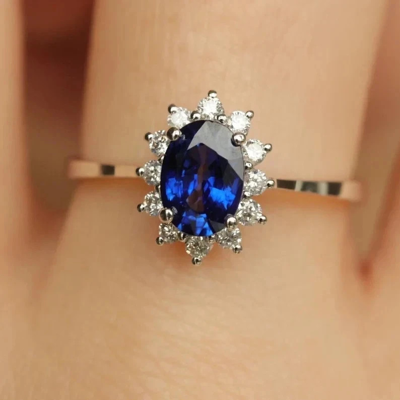 4.90Ct Oval Cut Natural Bleu Sapphire &Diamond Wedding Ring 14K Solid White Gold