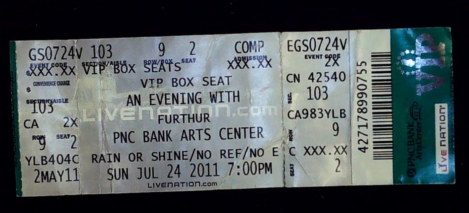 Furthur Concert Ticket Stub Evening With Furthur PNC Bank Arts Center 7/24/2011