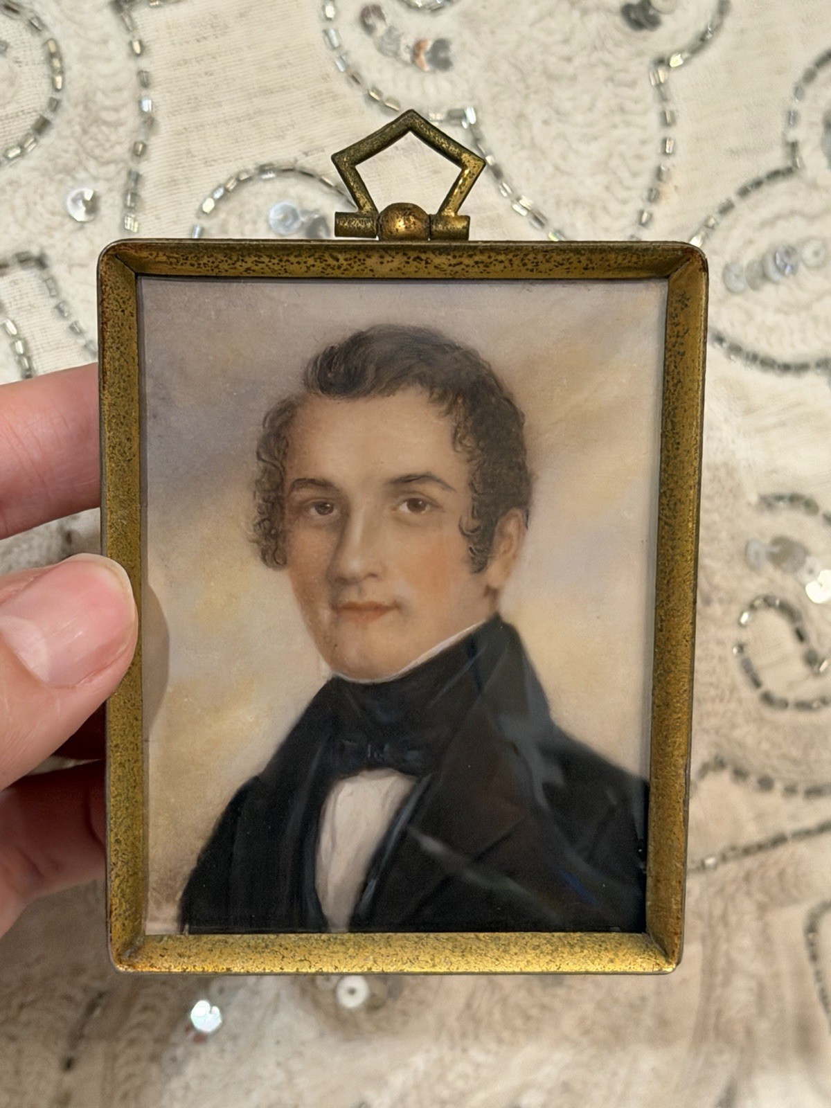 Antique Hand Painted Portrait Miniature Handsome Gentleman c.1830 Replaced Frame