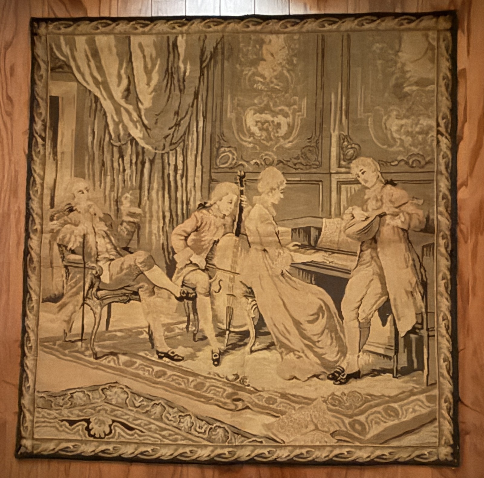 Antique French Rococo Revival Woven Tapestry Panel 37x38 Music Salon Scene Lined