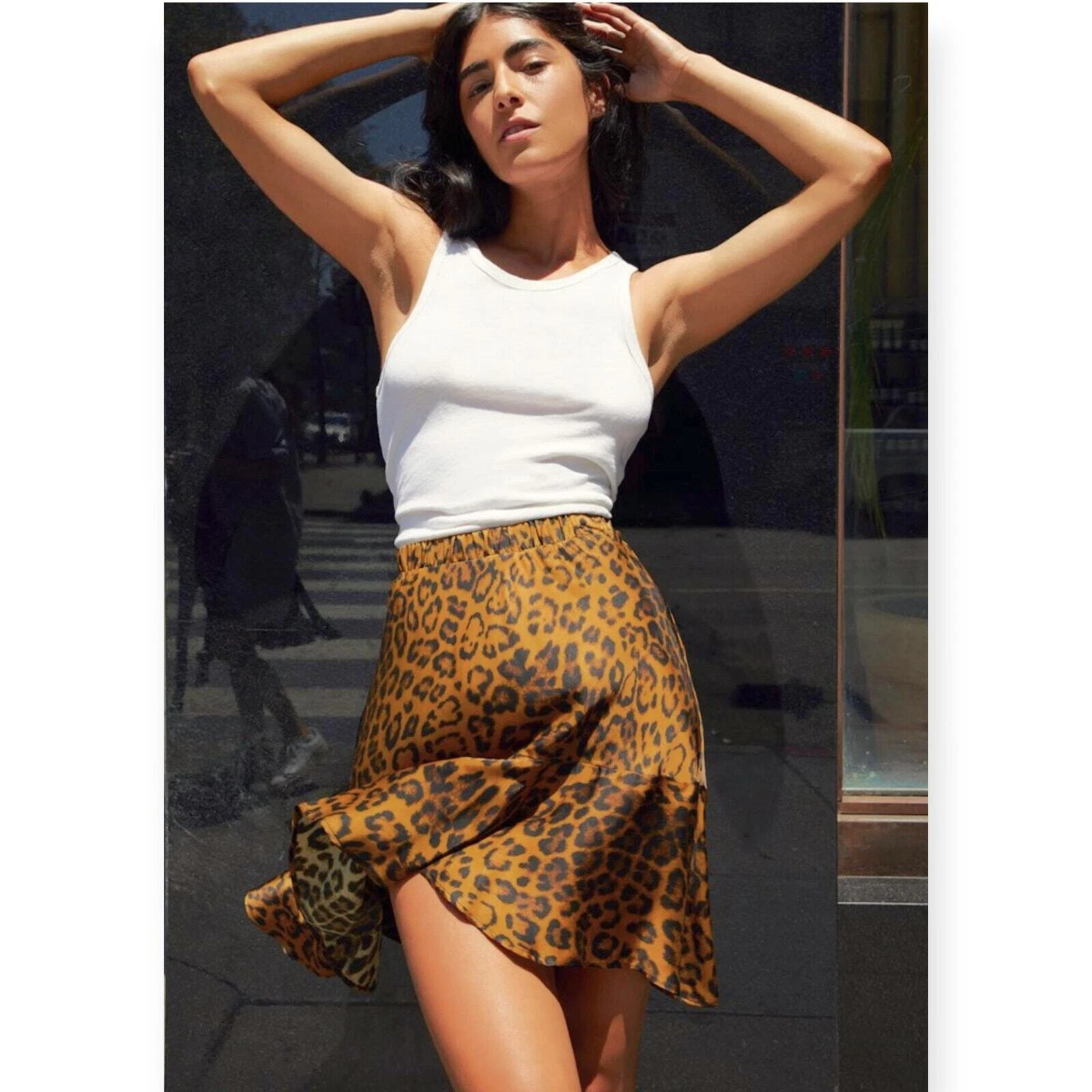 Nation Ltd Green Leopard Elastic Waist Ruffle Hem Flare Claire Mini Skirt M
