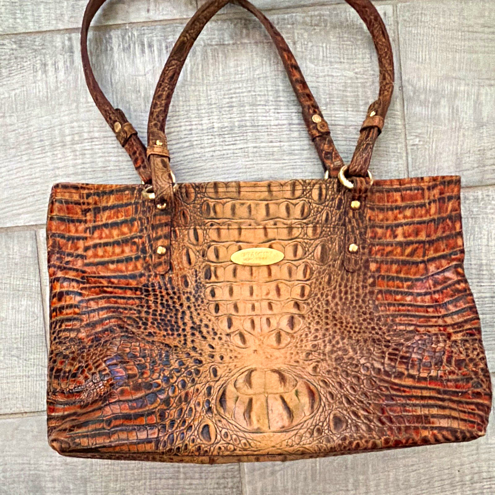 Brahmin Brown Crocodile Embossed Tote Shoulder Bag w/ Gold Hardware, Logo Brahmin Brown Crocodile Embossed Tote Shoulder Bag w/ Gold Hardware, Logo