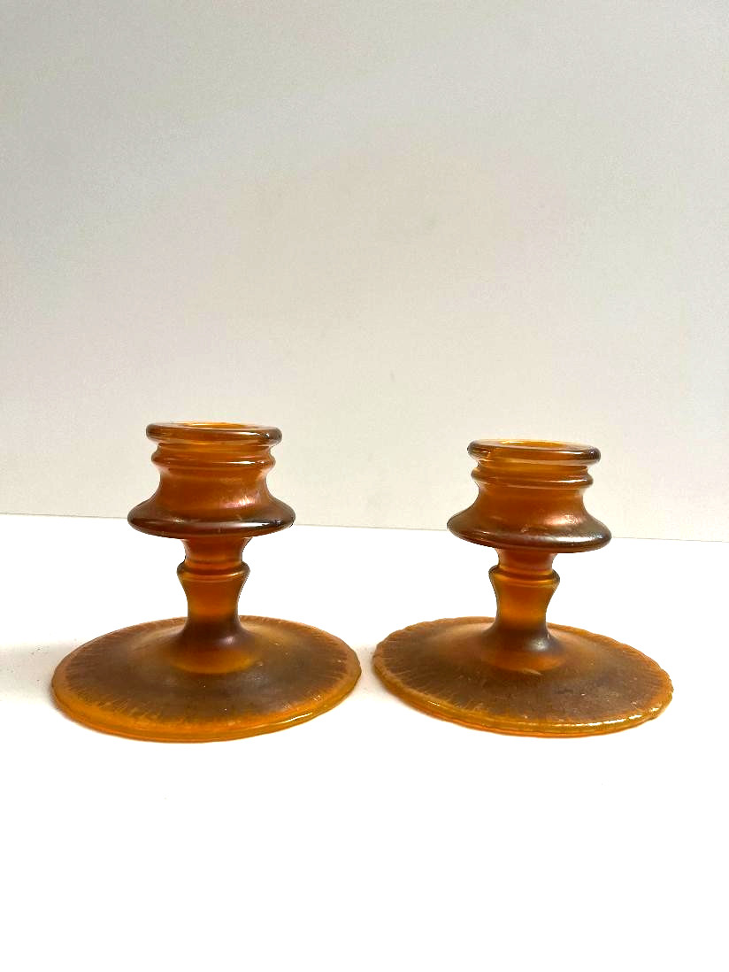 Antique Pair of Fenton Tangerine Stretch Glass Cadmium Candlesticks c.1927 Nice Antique Pair of Fenton Tangerine Stretch Glass Cadmium Candlesticks c.1927 Nice