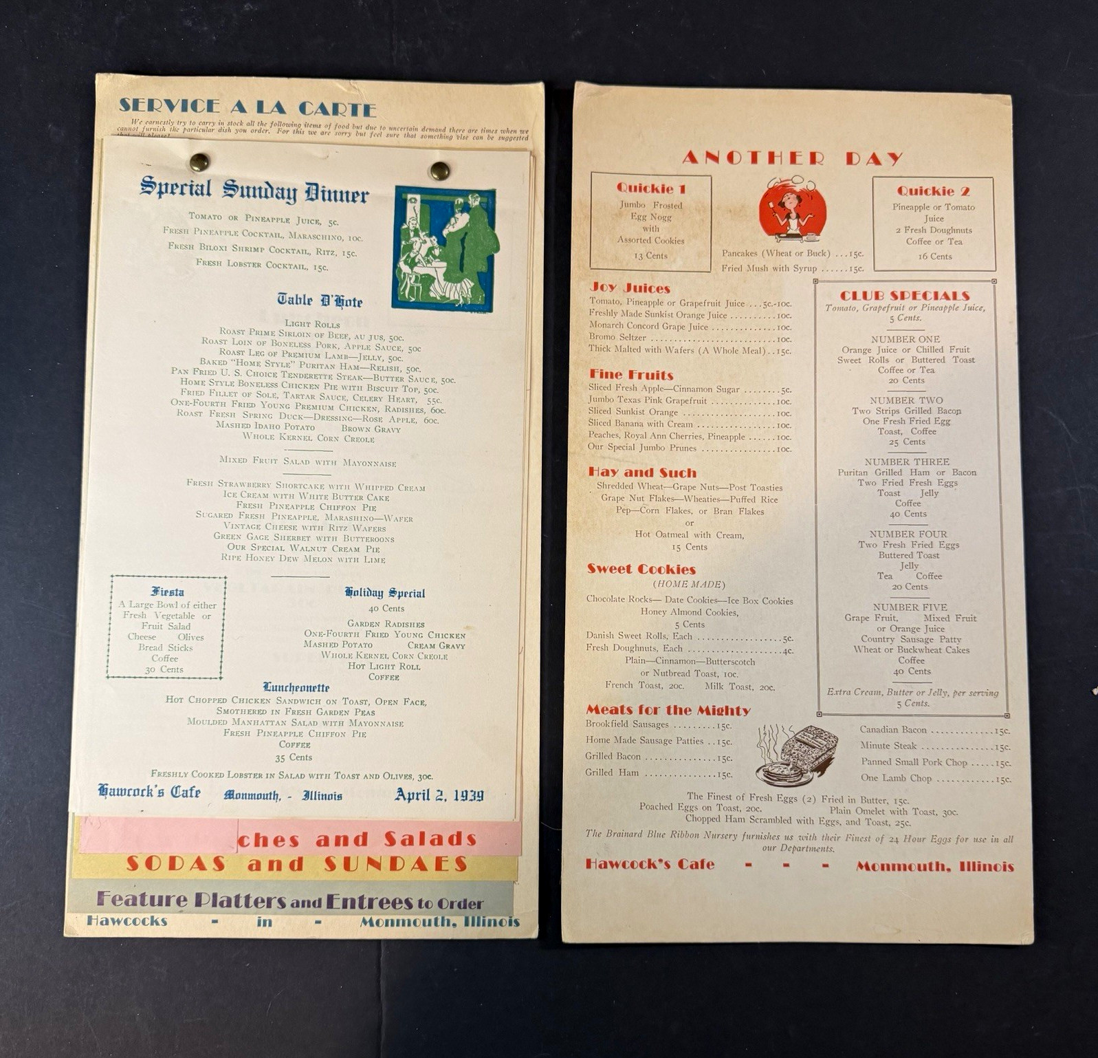 Vtg Hawcock’s Cafe Monmouth Illinois Menus Special Sunday Dinner April 2 1939 Vtg Hawcock’s Cafe Monmouth Illinois Menus Special Sunday Dinner April 2 1939