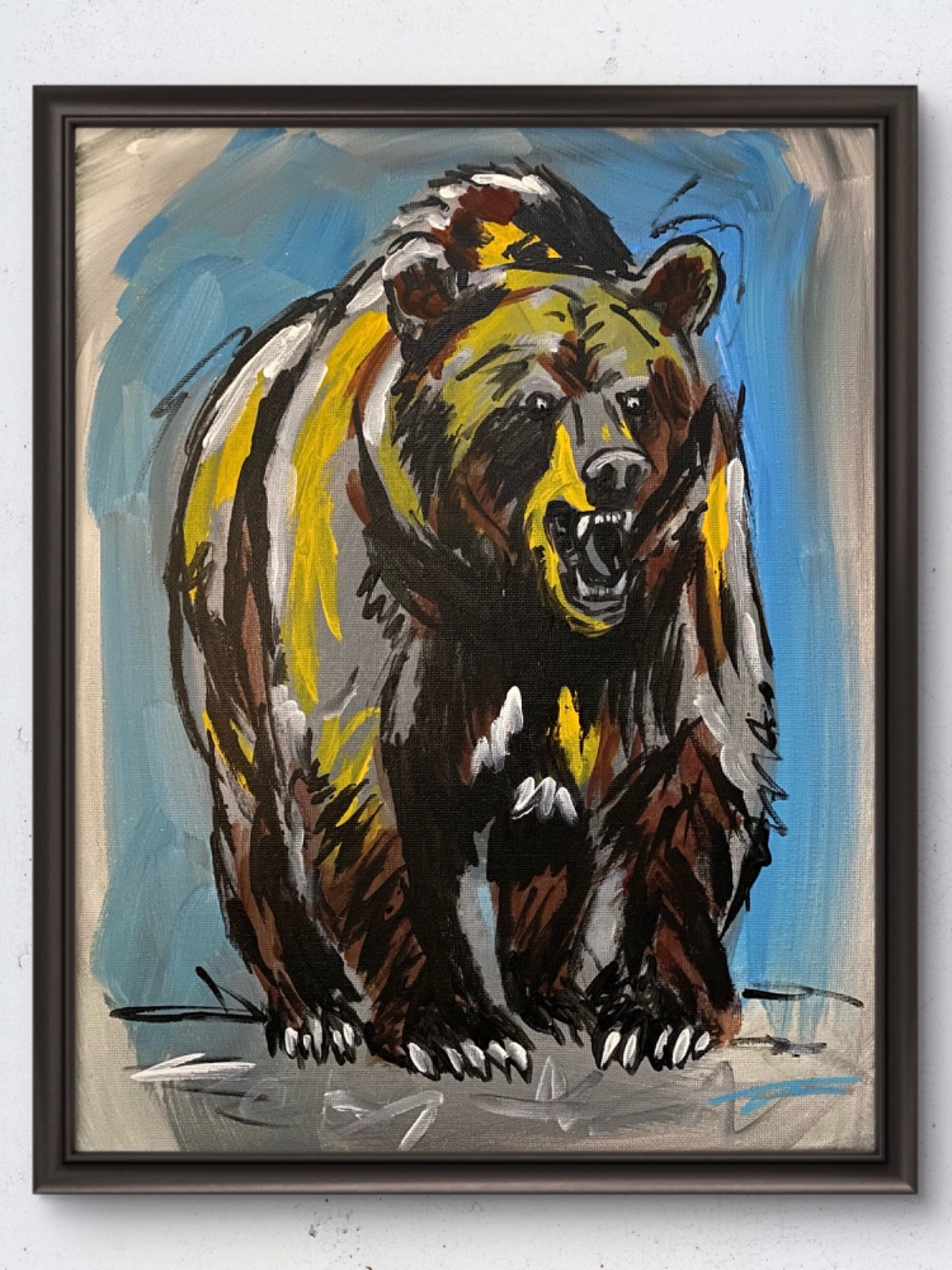 Original 14x11 Expressionist Grizzly Bear Charging Painting Signed Canvas