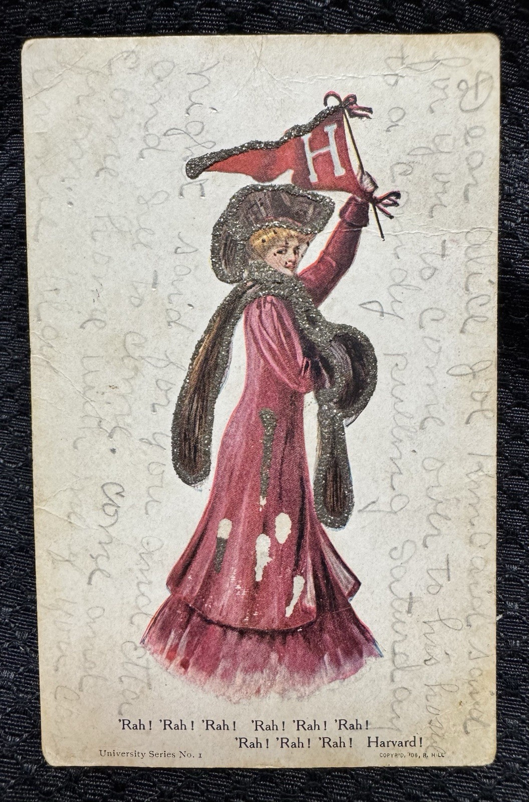 Postcard: Harvard University College Girl - Ben Franklin 1 Cent Stamp -1901-1907