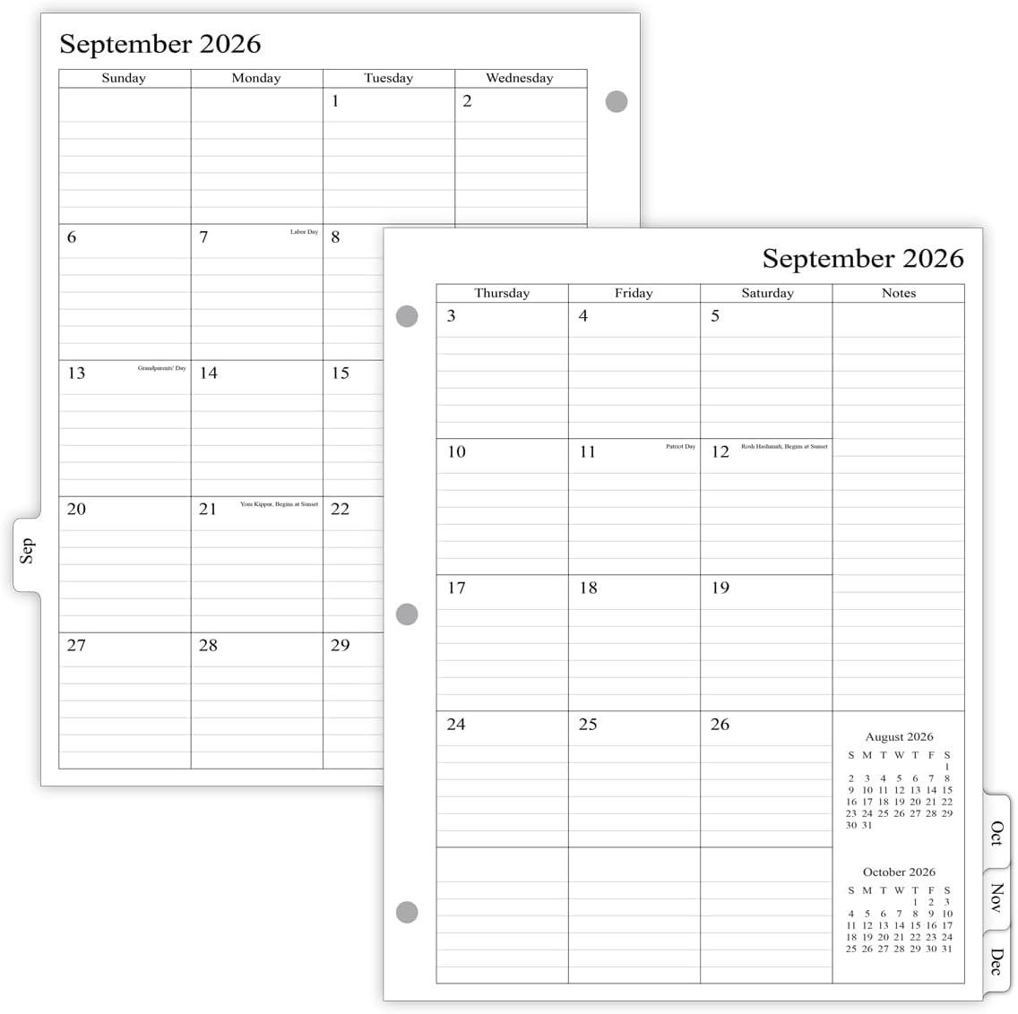 2026-2027 Monthly Planner Refill for 3 Ring Binder, Sep 2026 - Dec