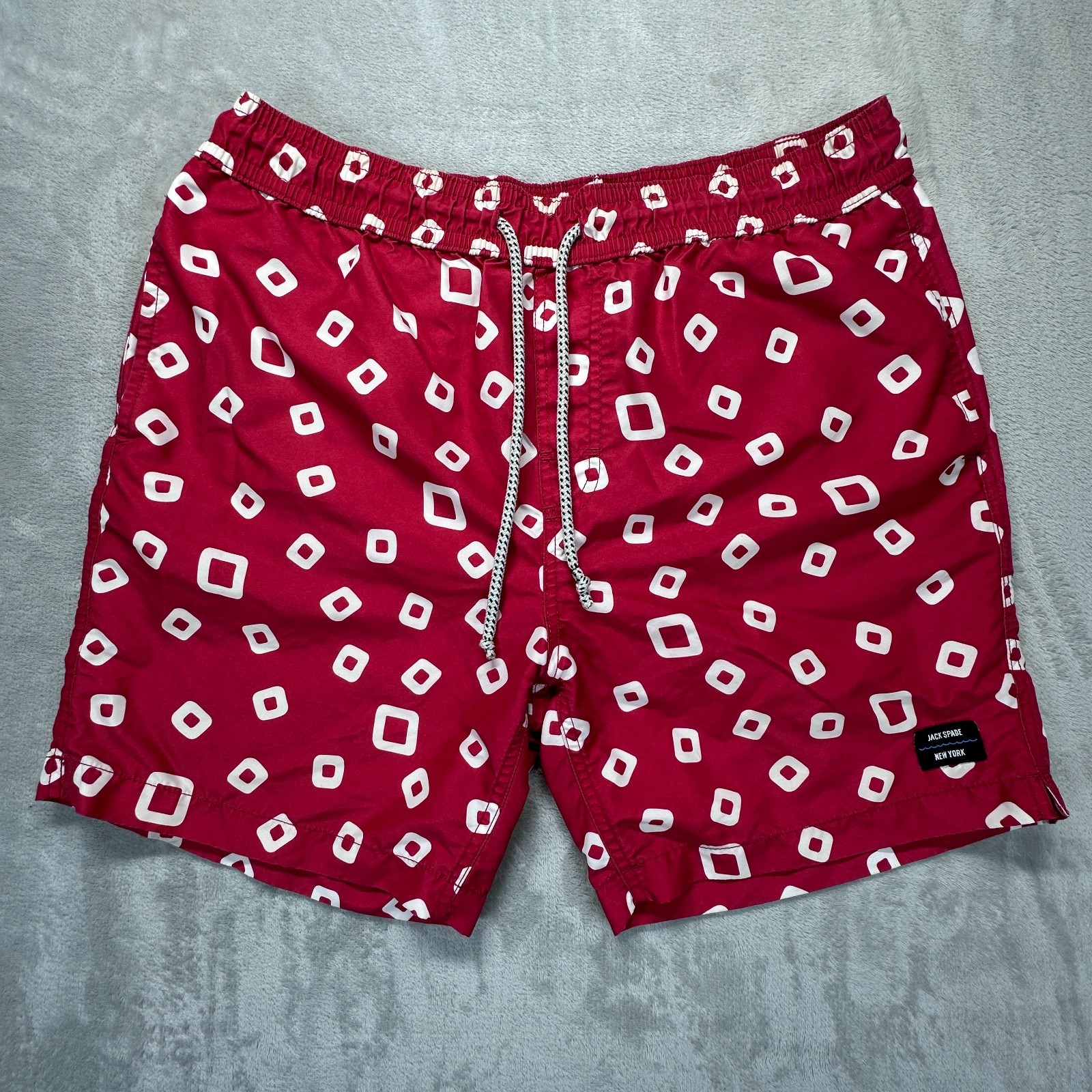 Jack Spade Warren Street Trunks Shorts Mens Red Geometric Mesh Lined Swimwear