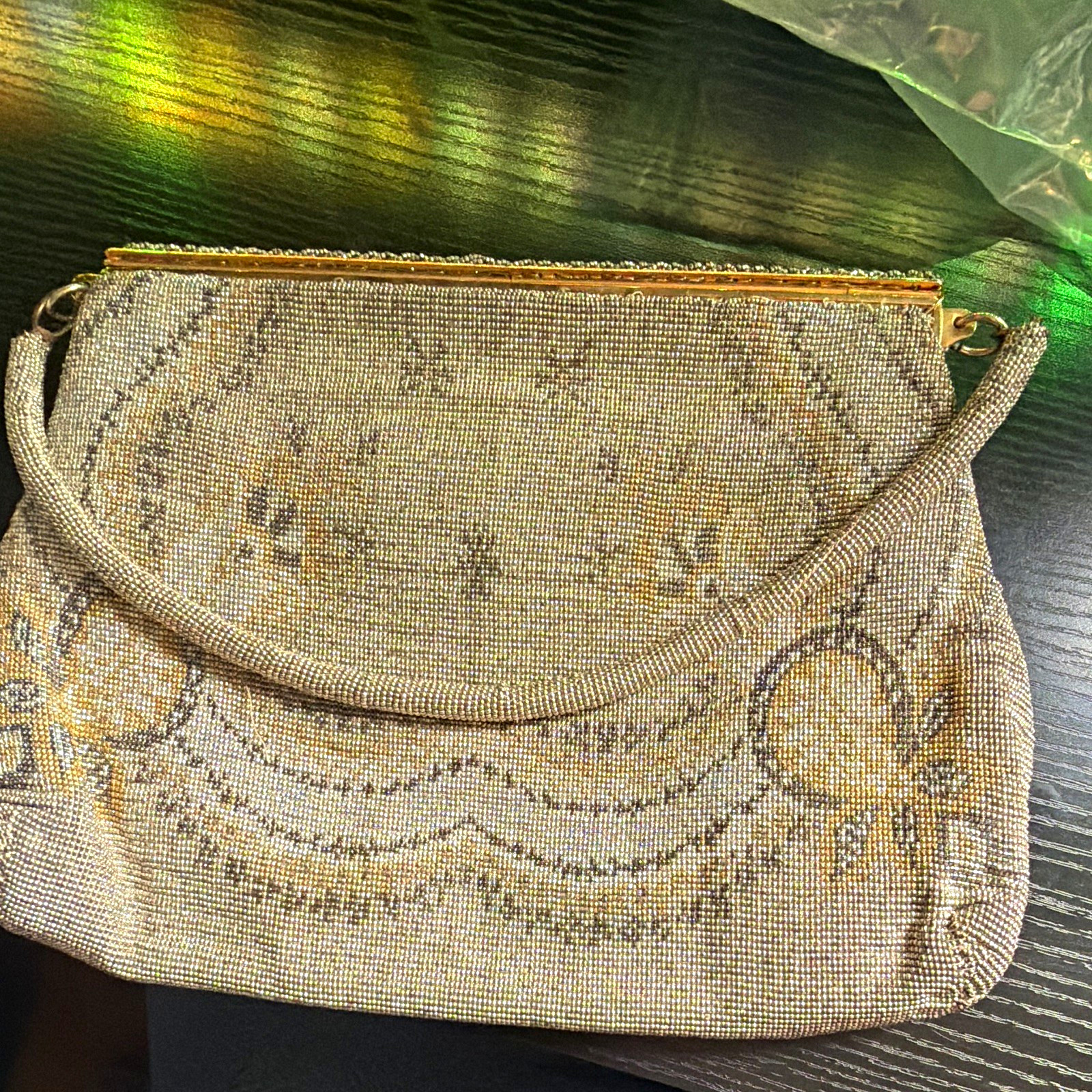Elaine Shops 1950s Beaded Evening Clutch Purse Beige/Gold Cocktail