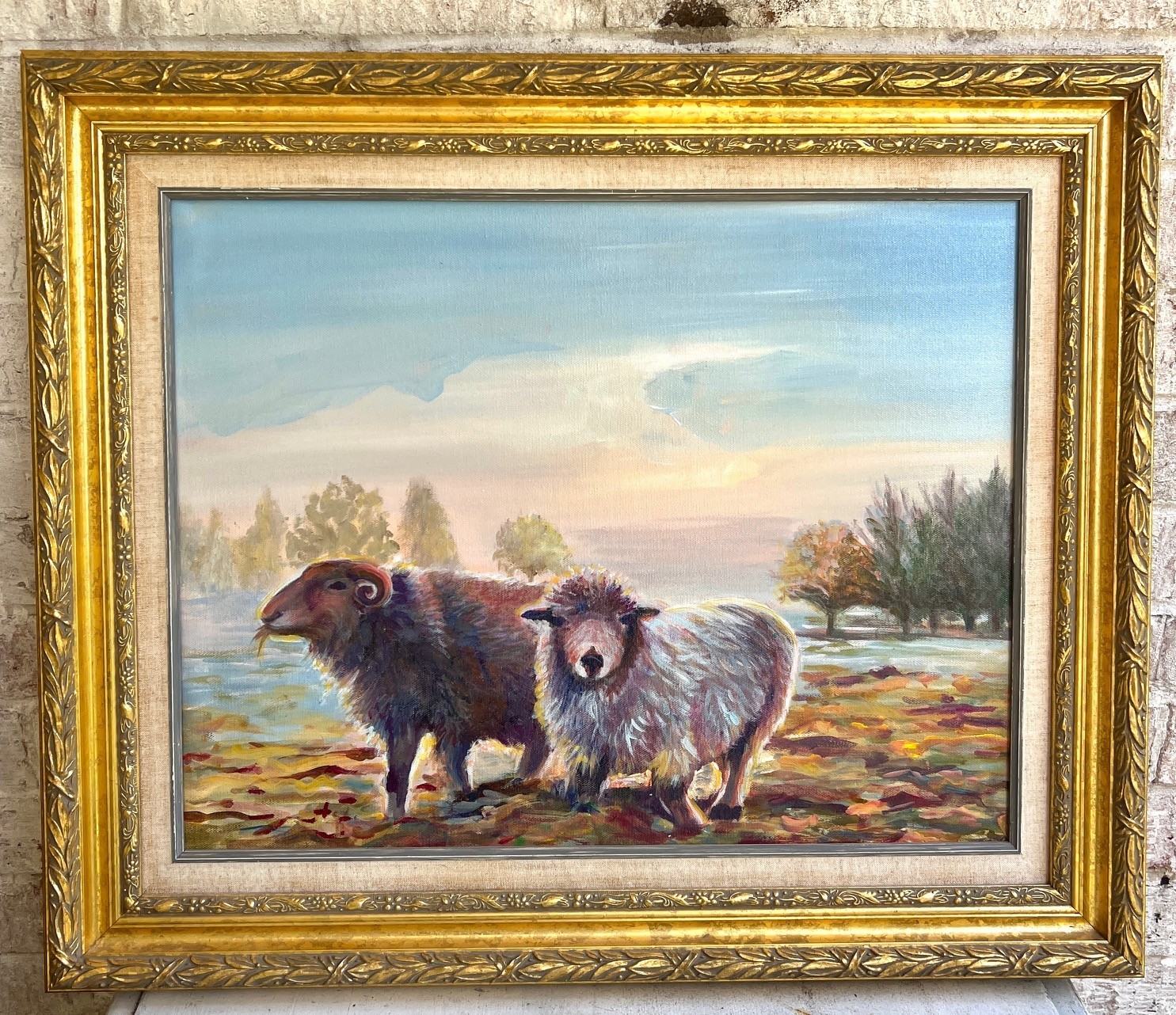 Sophie Dare Original Art 17x22  Acrylic on Canvas Sheep in Golden Light Framed