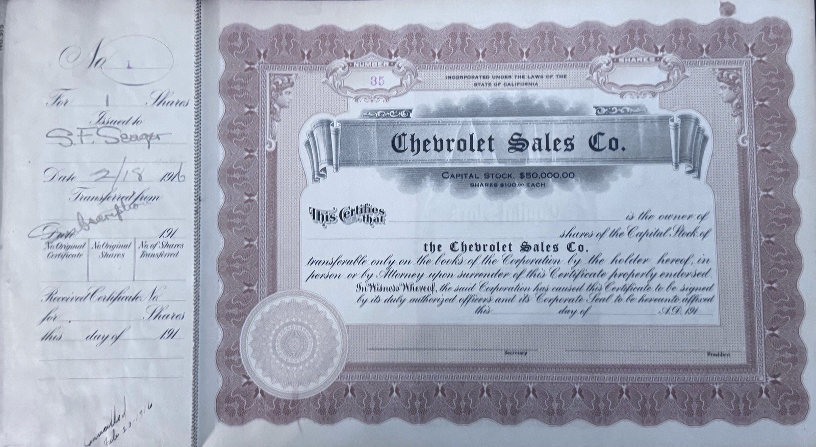 Original 1916 Chevrolet Motor Company Stock Certificate. Ask For Whole Album