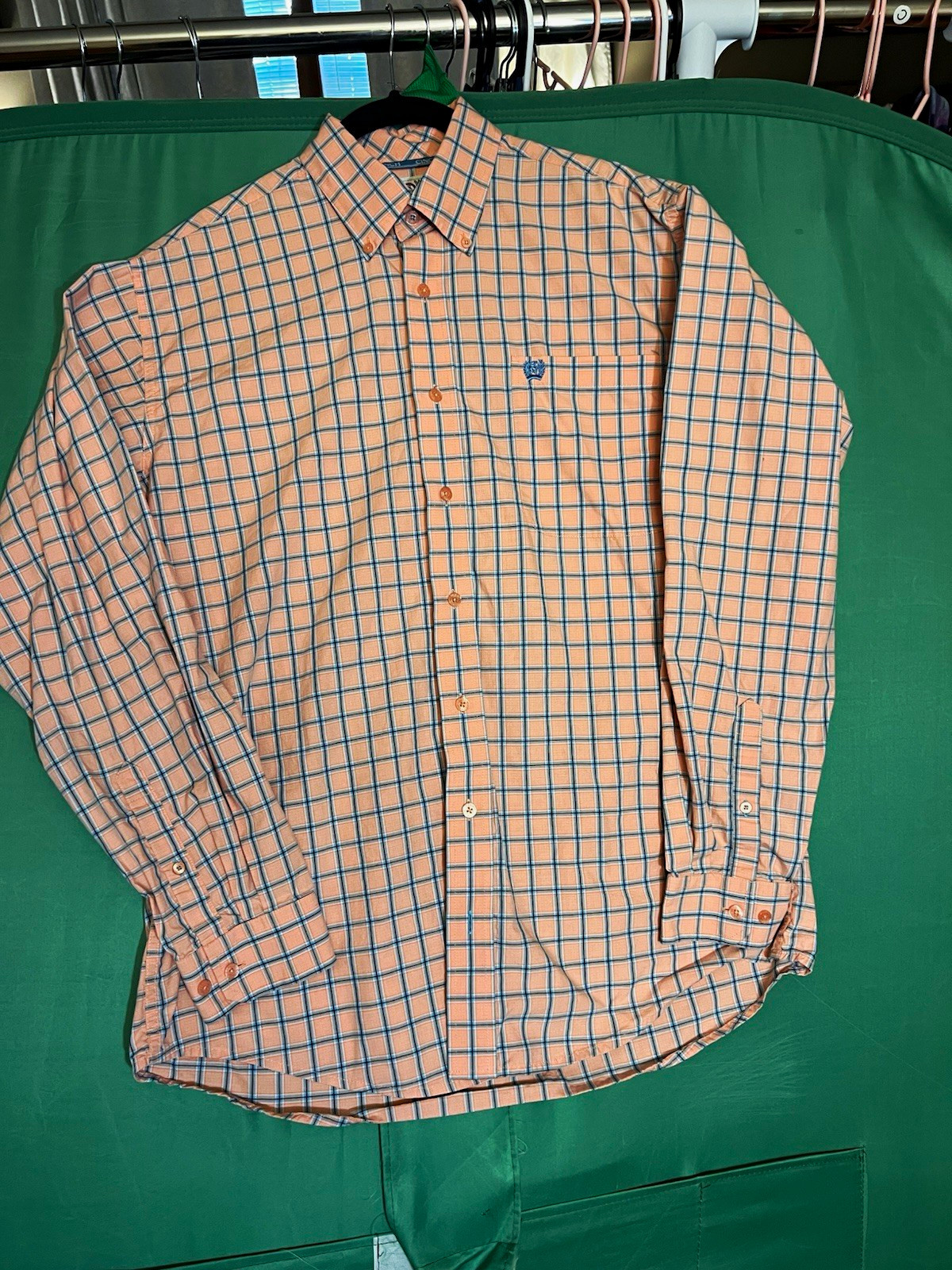 Cinch Men\'s S Woven Plaid Long Sleeve Button-Up Shirt Orange Blue White