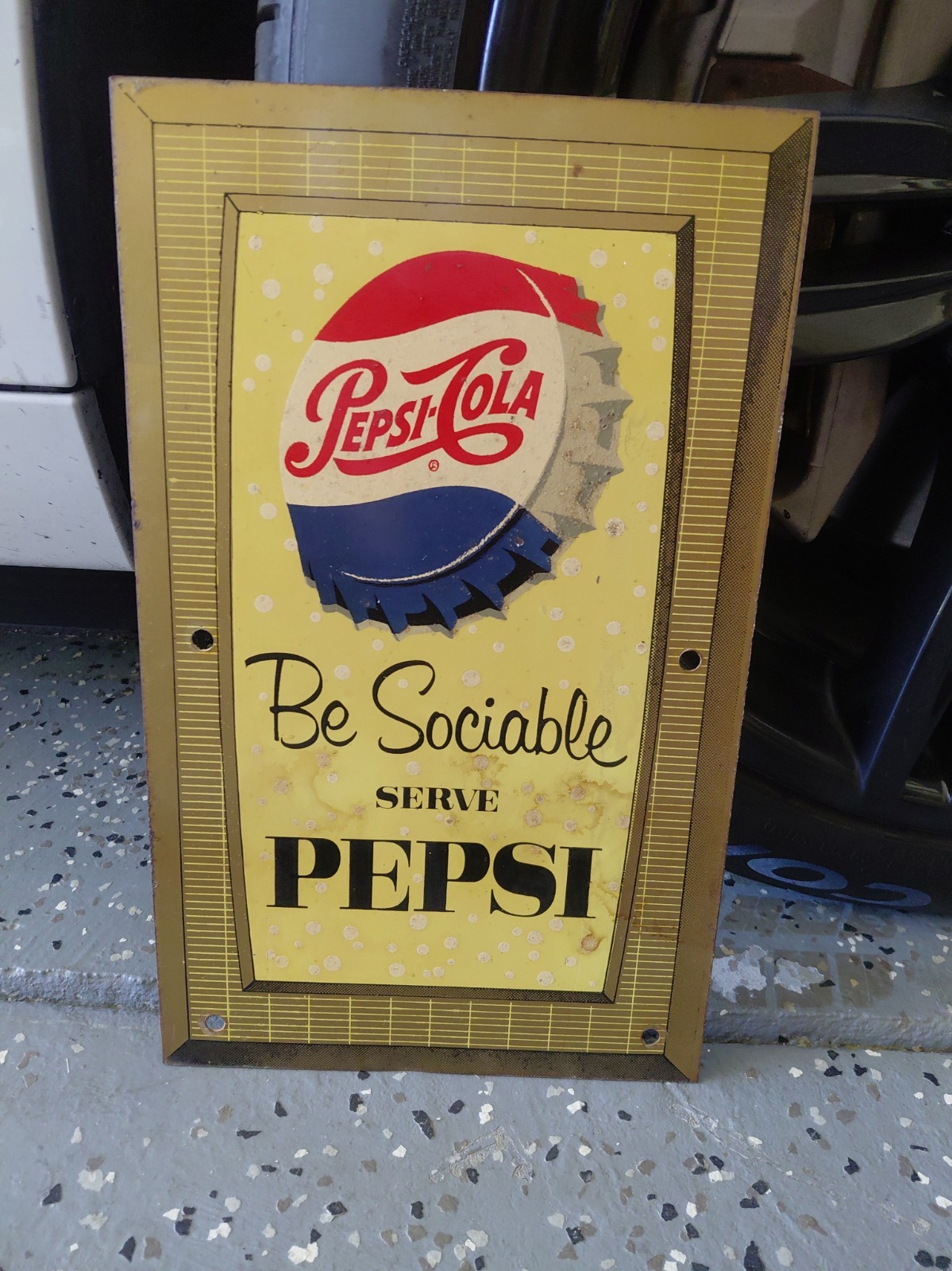 c.1940s Original Vintage Serve Pepsi Sign Metal Rack Topper 2 Sided Be Sociable c.1940s Original Vintage Serve Pepsi Sign Metal Rack Topper 2 Sided Be Sociable
