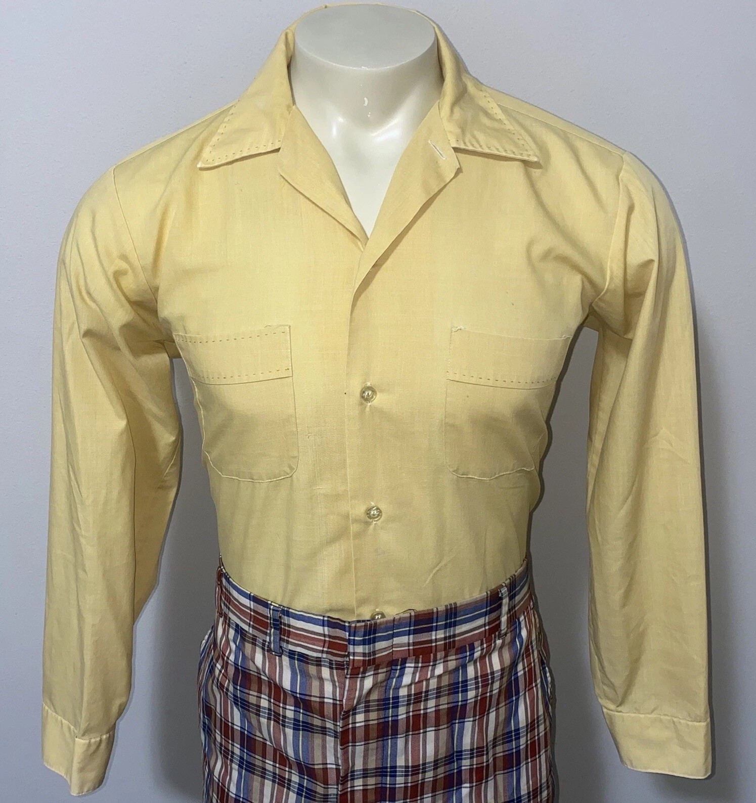 1960s Braidburn Shirt Mens Square Bottom Vtg 60s MCM Mod Rat Pack Yellow Medium