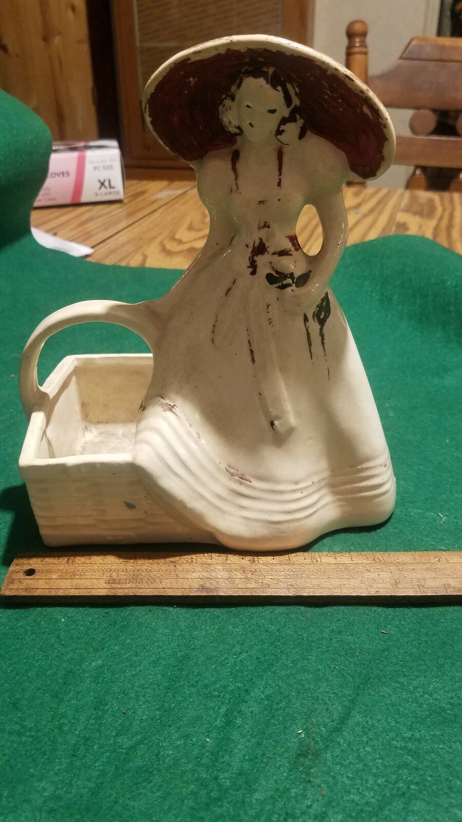 Vintage Hull Brush USA Art Pottery 7 inch Planter Vase White Lady Basket & Hat 