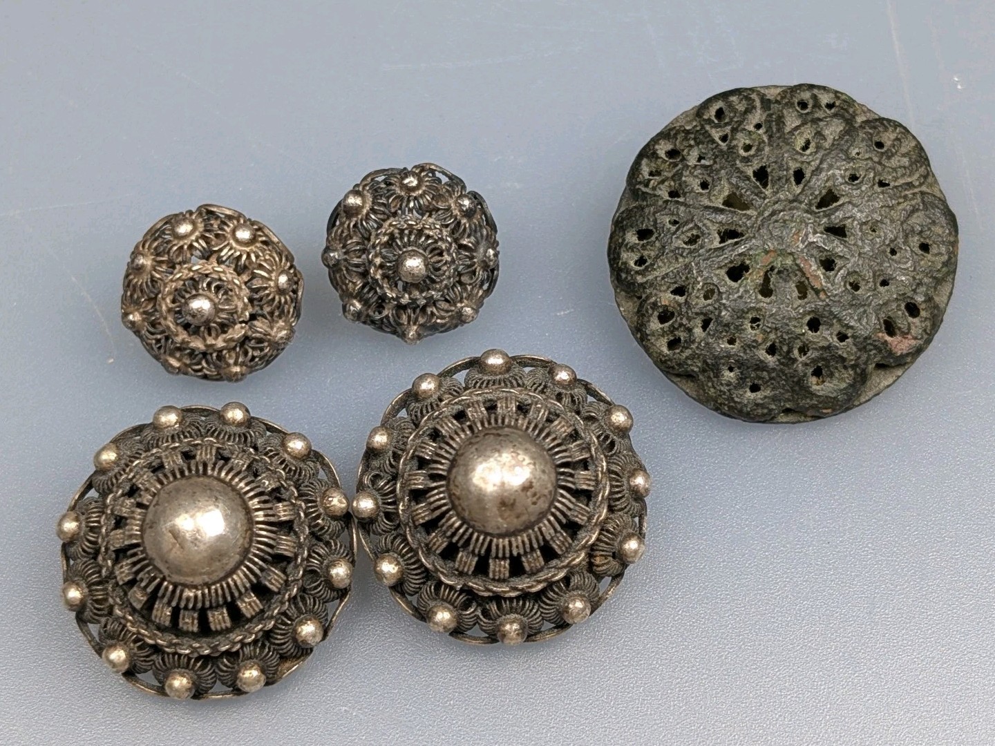 Antique 19th Century Buttons 2 Pairs Silver & One Bronze Dutch Filigree Antique 19th Century Buttons 2 Pairs Silver & One Bronze Dutch Filigree