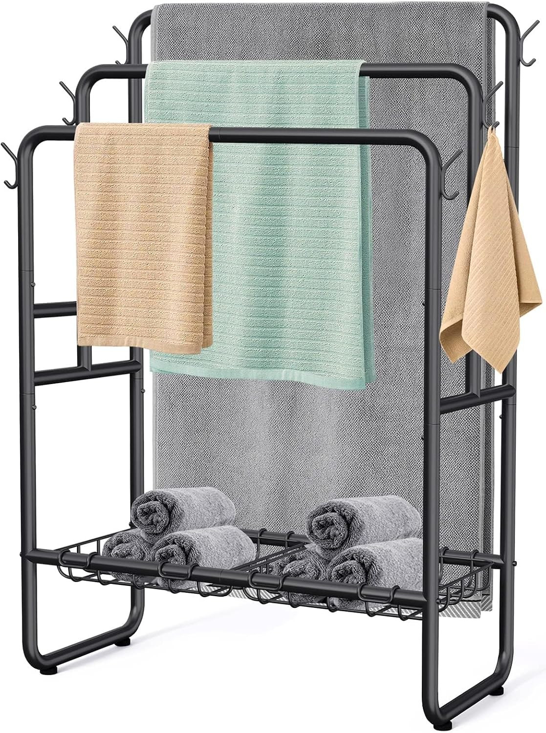 40'' Freestanding 3 Tier Metal Towel Rack, 2 Baskets & 6 Hooks