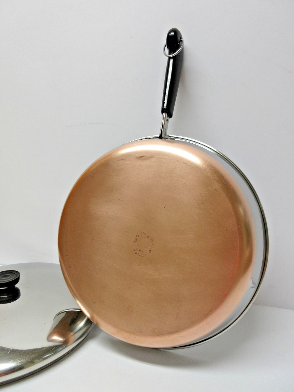 REVERE WARE Vtg 1988 Clinton, ILL USA Big 12” Copper Bottom Skillet & Lid c.23