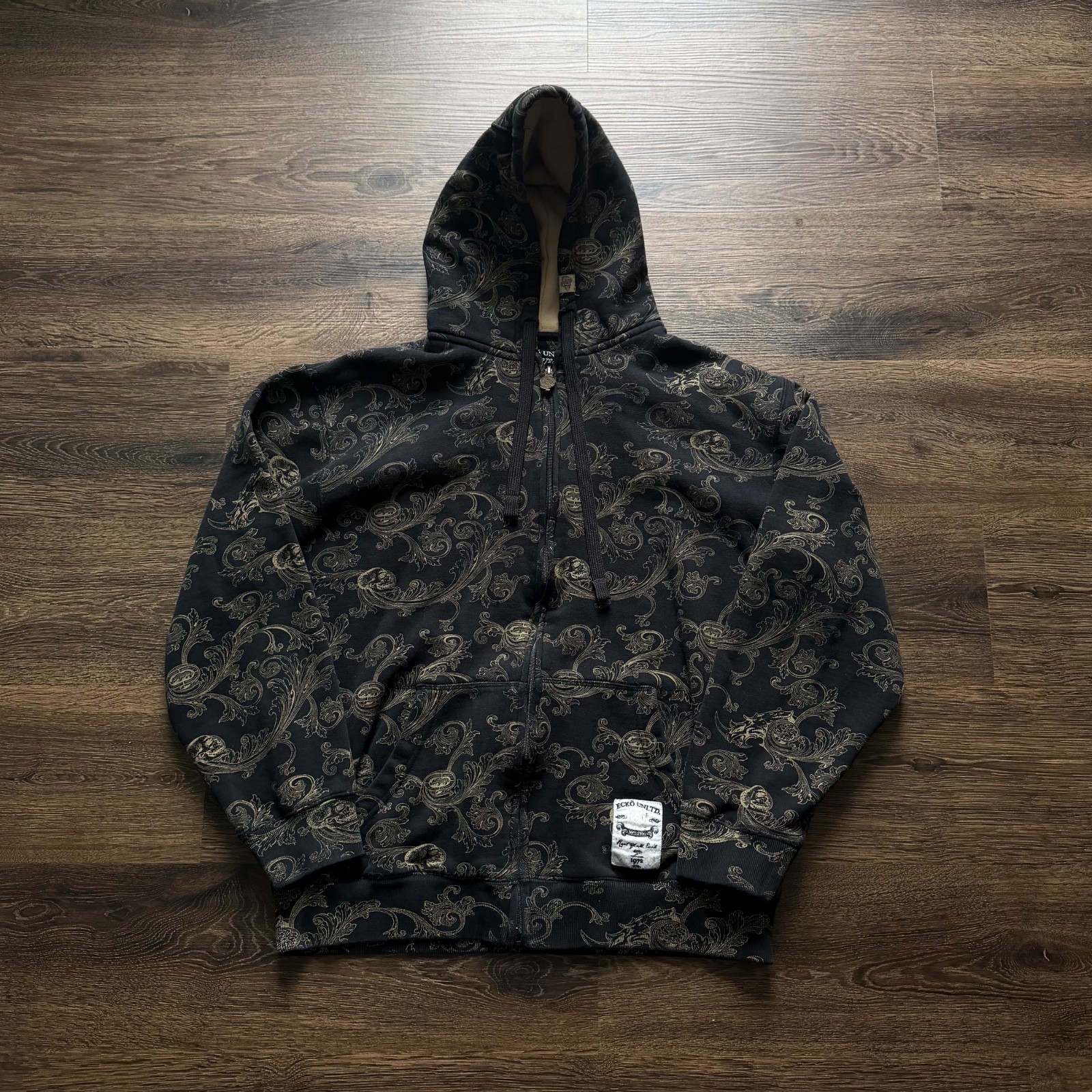 VTG Y2K Ecko Unltd Root Of All Evil Paisley Skull All Over Print Zip Hoodie M