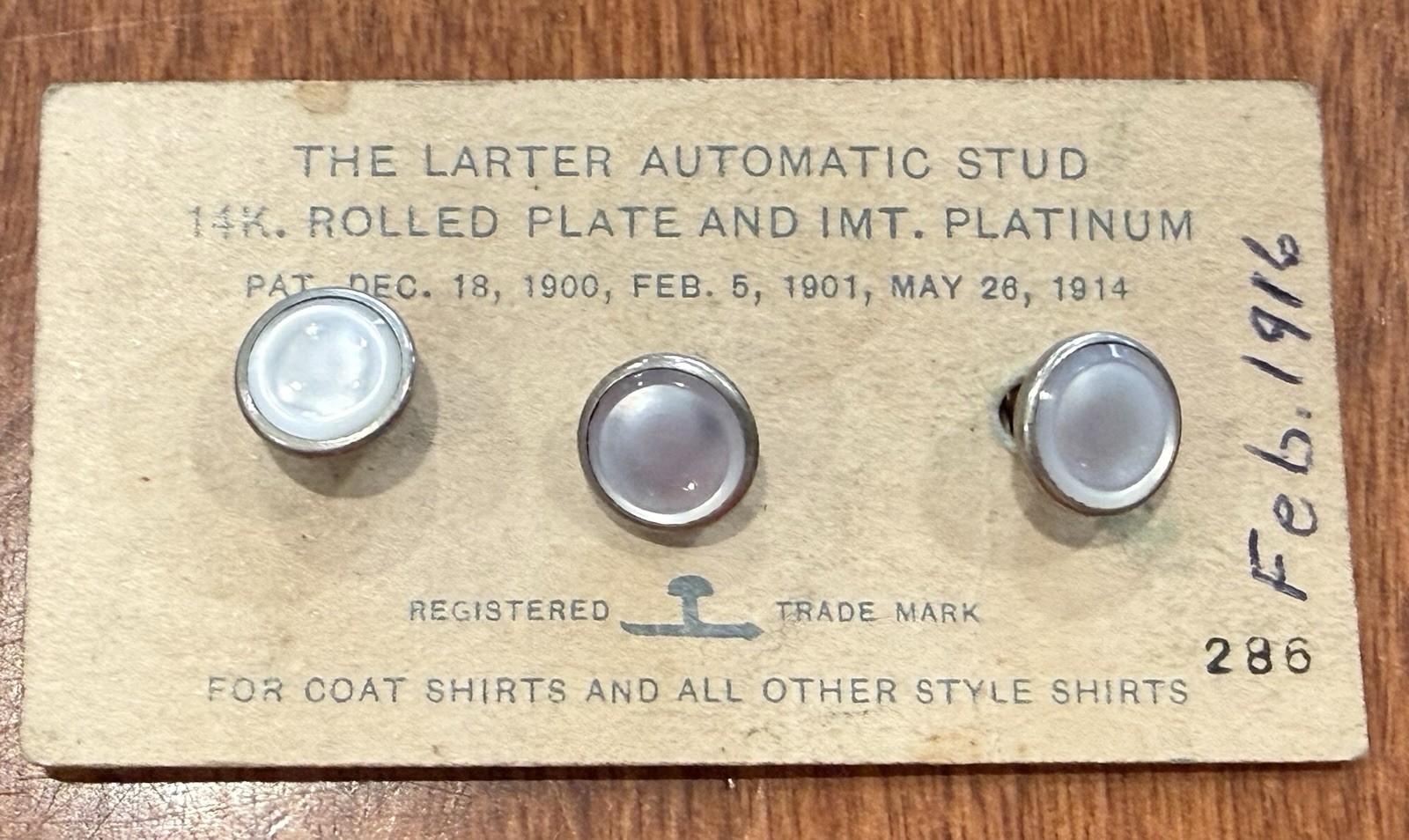 Antique Larter Art Deco 14K Rolled Gold Pearl Dress Shirt Studs - On Card. 1914 Antique Larter Art Deco 14K Rolled Gold Pearl Dress Shirt Studs - On Card. 1914