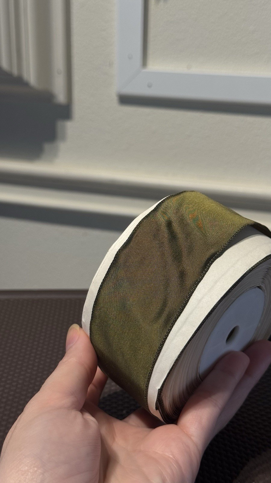 Vintage French Rayon & Metal Ribbon 25M Olive Bronze Flash
