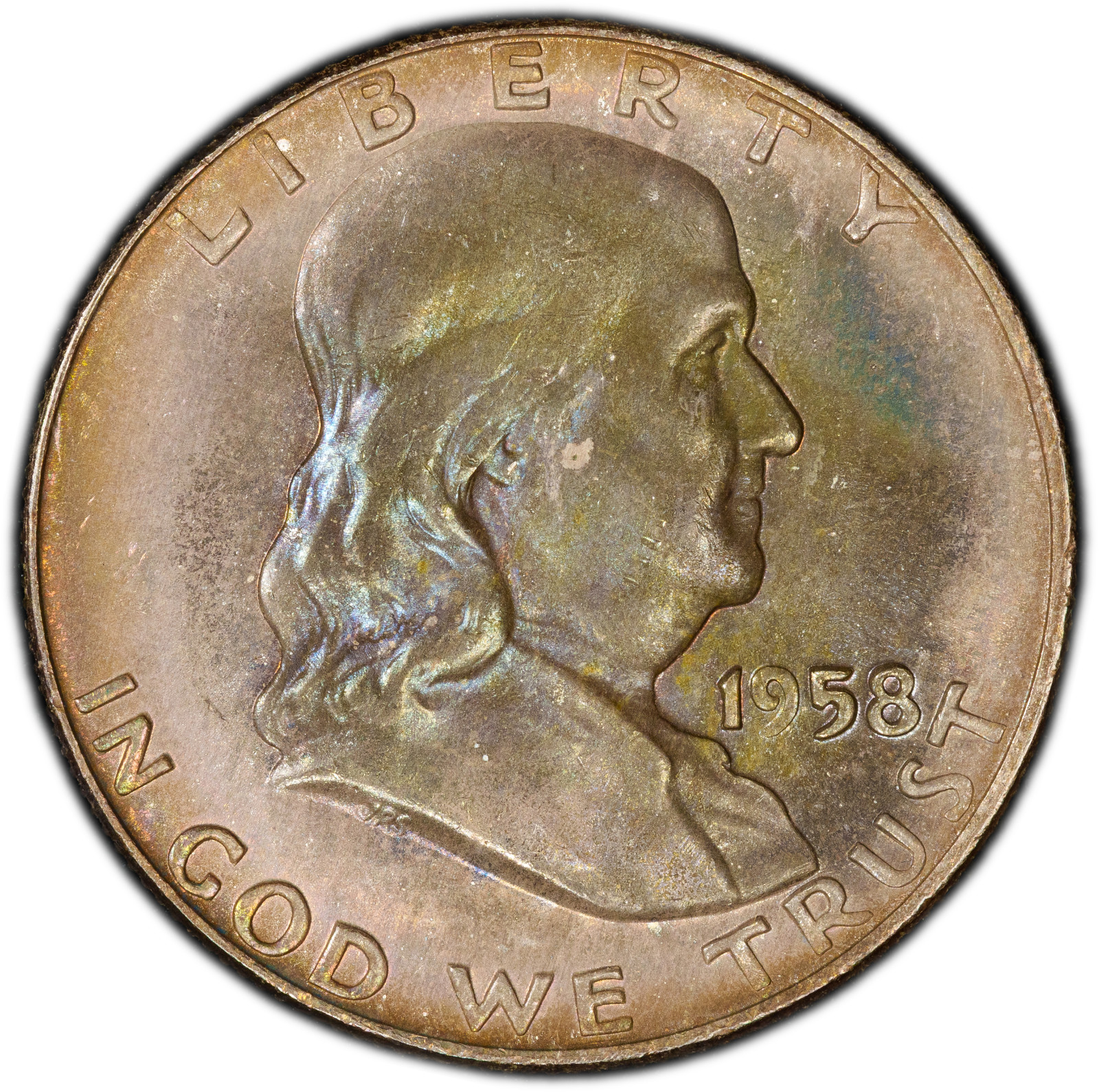 1958-D PCGS MS65 (Gem) Franklin Half | Beautiful Dark Iridescent Rainbow Toning