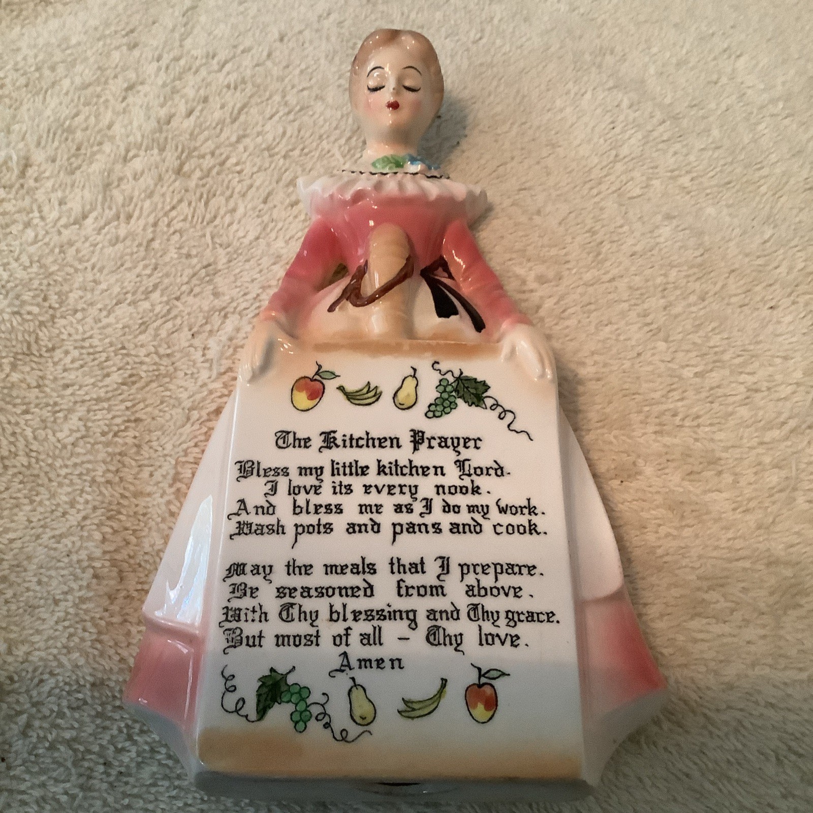 Vintage Enesco Mother in the Kitchen Prayer Lady WALL PLAQUE Pink Japan ‘50s Exc