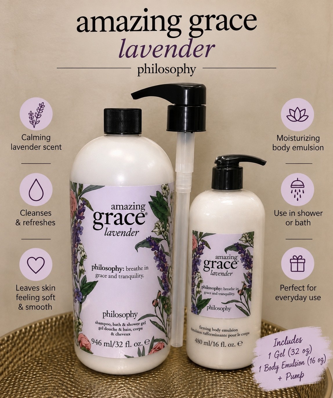 Philosophy Amazing Grace Lavender 32 oz Shower Gel + 16 oz Firming Emulsion