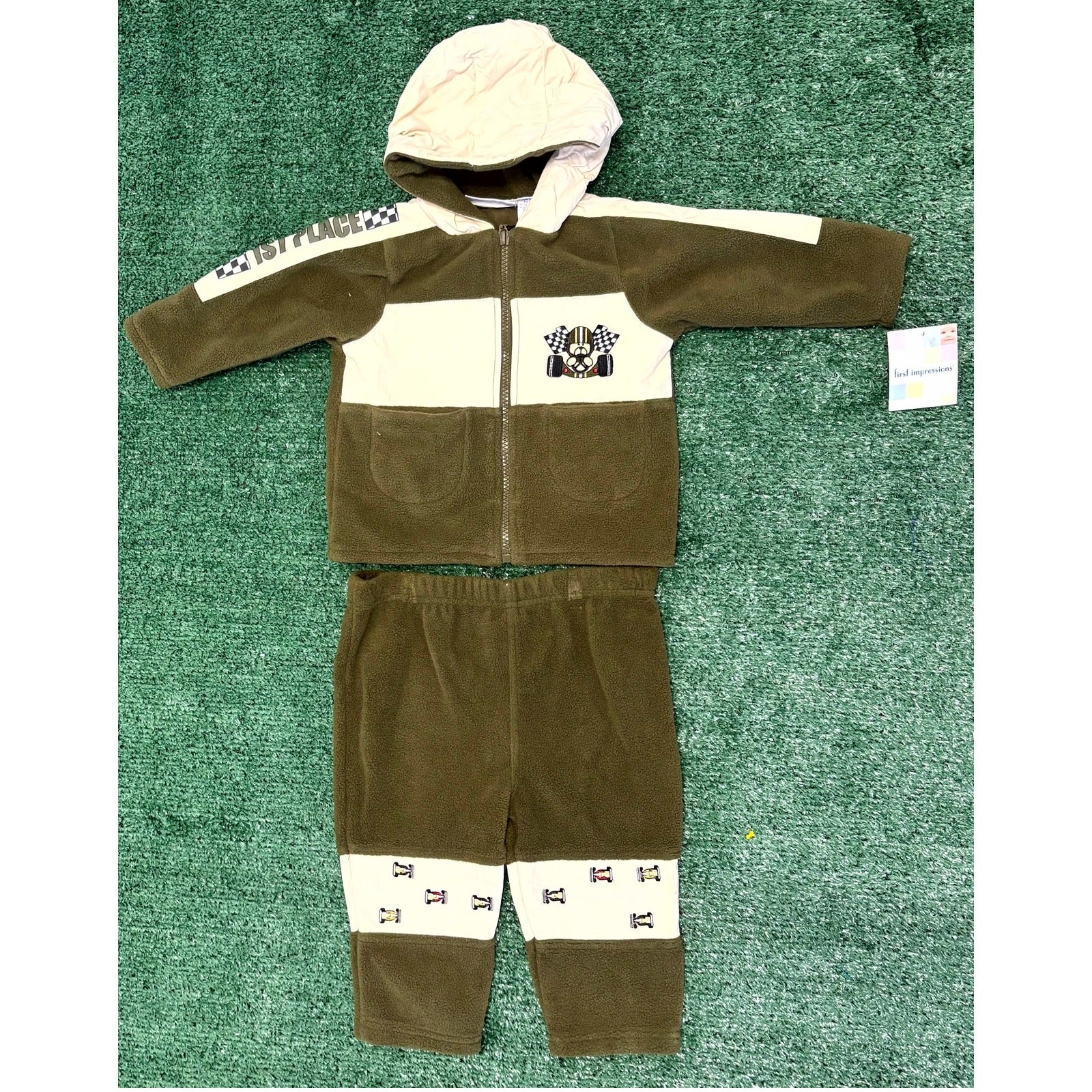 Vintage Y2K First Impressions Rover Hoodie & Pants Set Size 18 M Olive Cream Car Vintage Y2K First Impressions Rover Hoodie & Pants Set Size 18 M Olive Cream Car