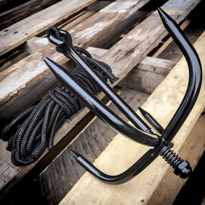 Grappling Hook and Cord Rope Black Stainless Steel Outdoor Climbing Ninja Grappling Hook and Cord Rope Black Stainless Steel Outdoor Climbing Ninja