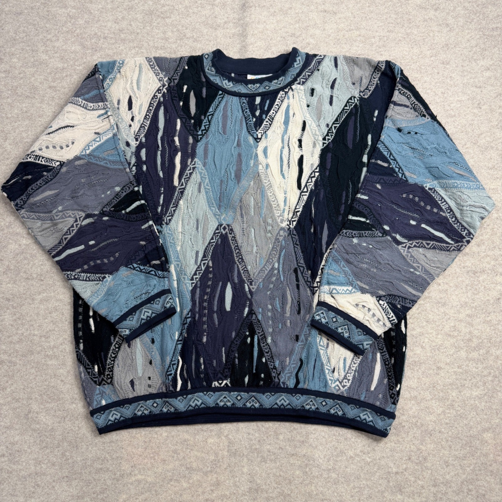Vintage Coogi Australia 3D Knit Sweater Blue Navy Diamond Cotton Mens Large