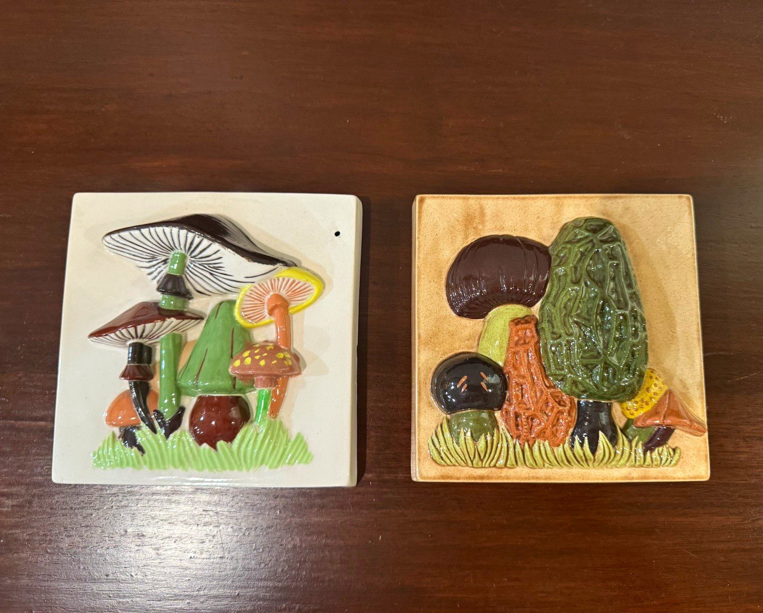 Lot of 2 Vintage 1970s Ceramic Chalkware Mushroom Art Tiles, signed “Candy” Lot of 2 Vintage 1970s Ceramic Chalkware Mushroom Art Tiles, signed “Candy”