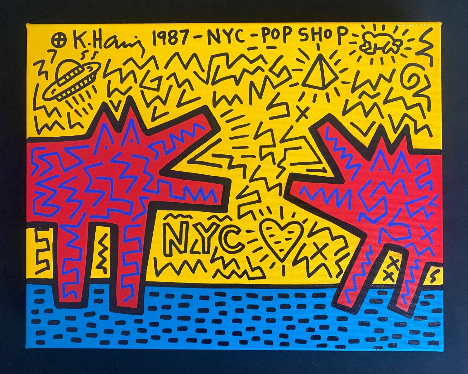 Keith Haring Painting  on Vintage Unique Canvas SIGNED NYC POP SHOP