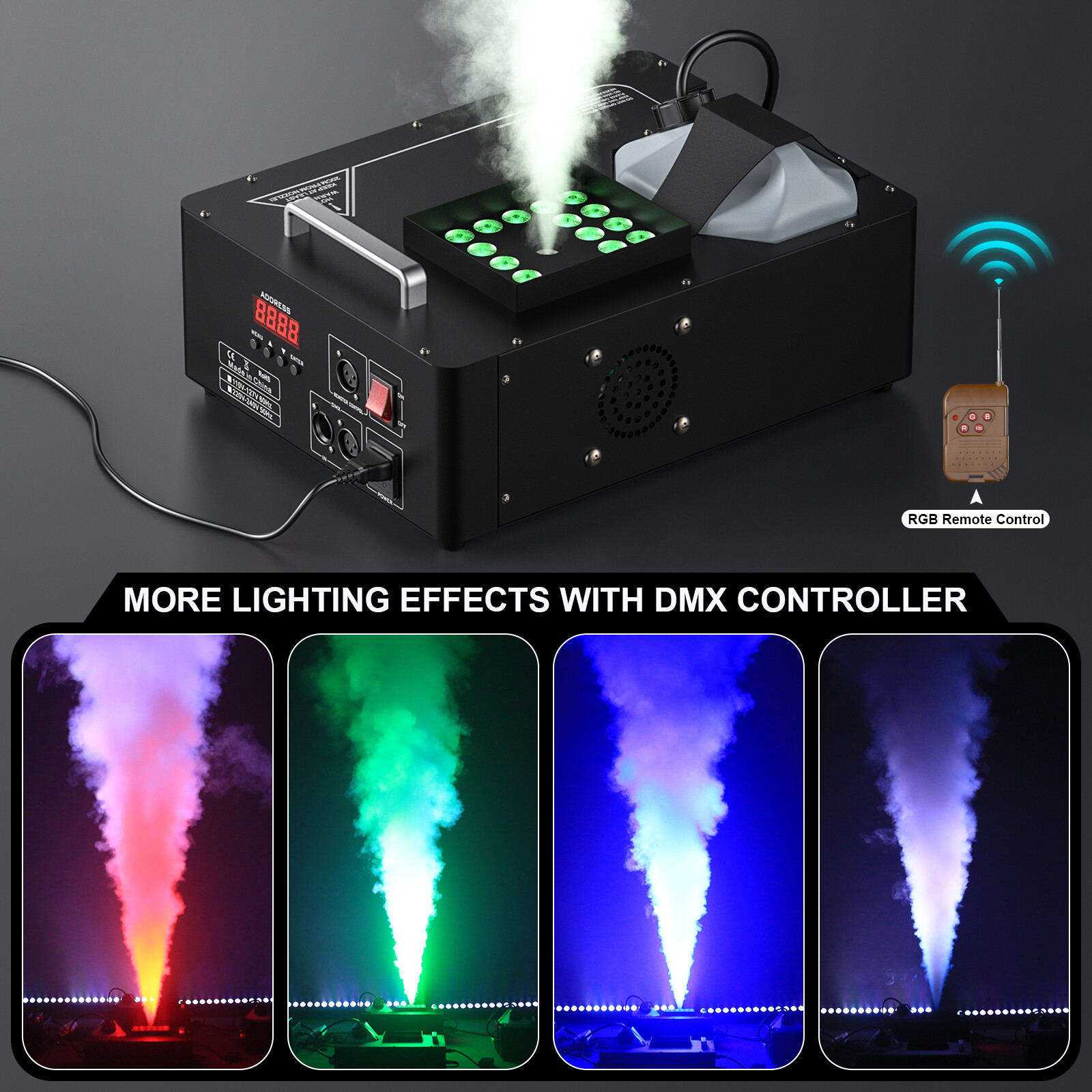 2000W Vertical Smoke Fog Machine DMX DJ Party Spray Fog Stage Light RGB 24LED US