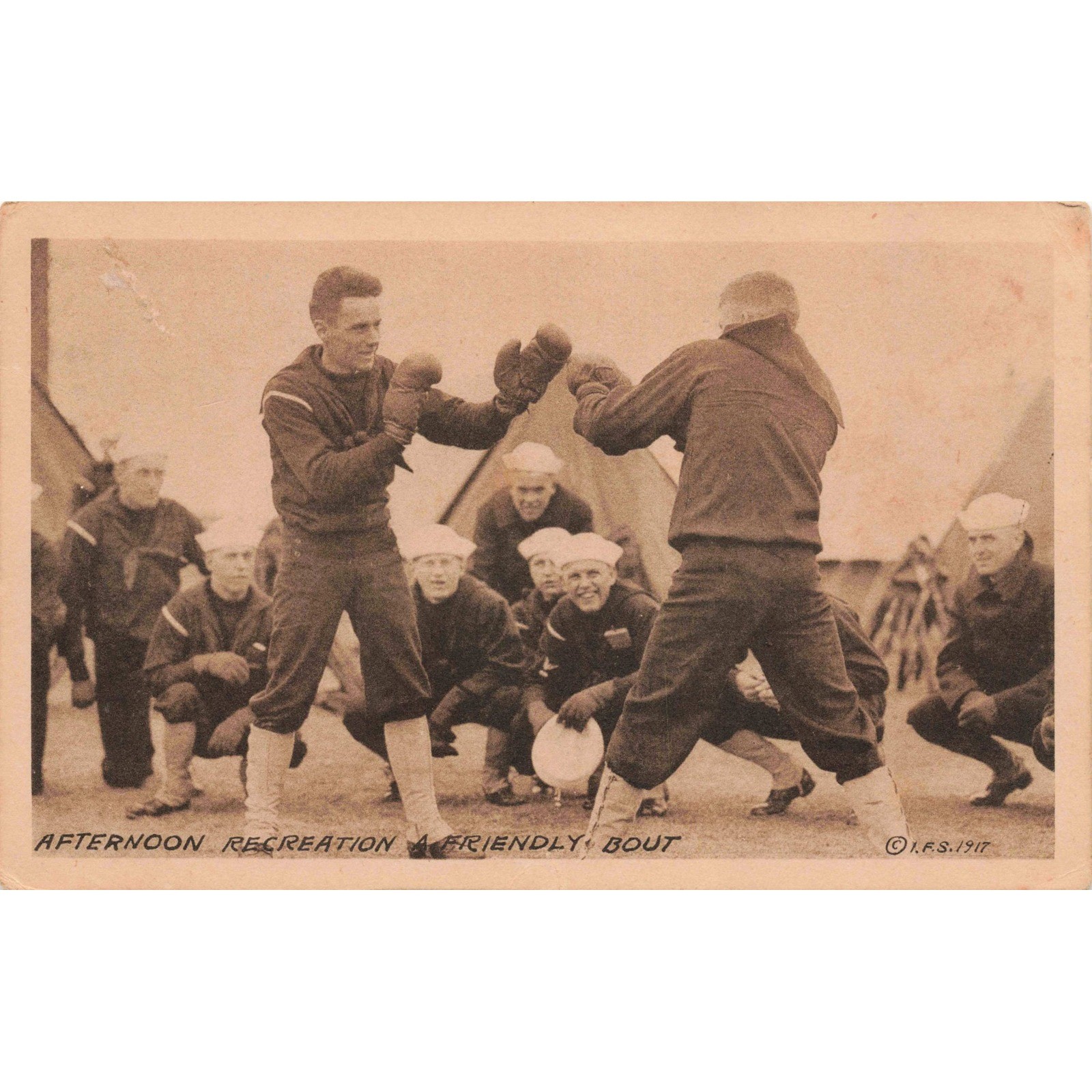 WWI 1917 Military Postcard Boxing Sailors Camp Friendly Bout I.F.S. Sepia
