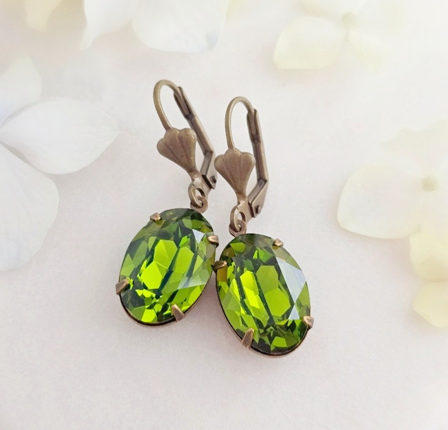 Green Olivine Earrings, Bronze Oval Drops made with Vintage Swarovski Crystals