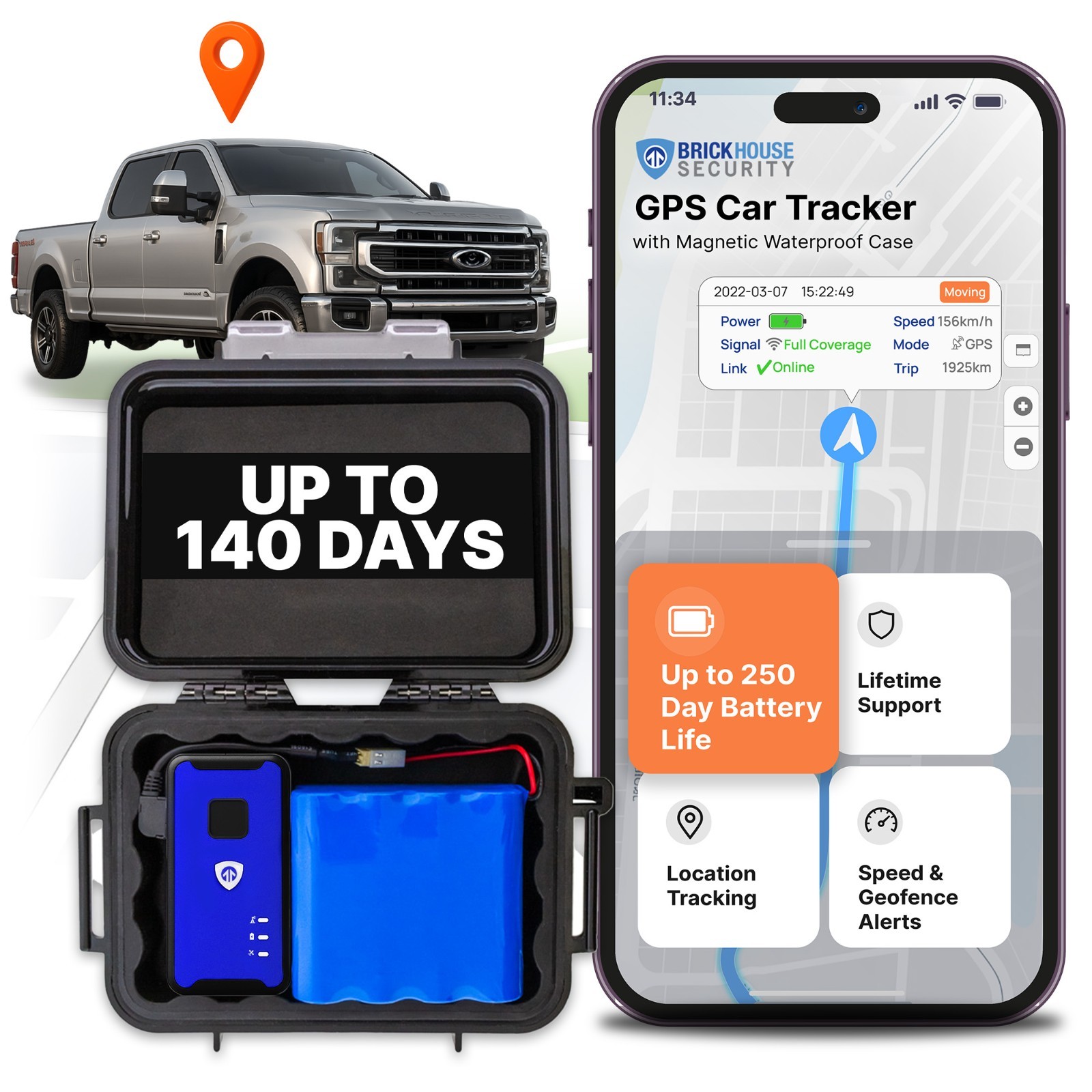140-Day GPS Tracking Device for Vehicles with Magnetic Case & Extended Battery 140-Day GPS Tracking Device for Vehicles with Magnetic Case & Extended Battery