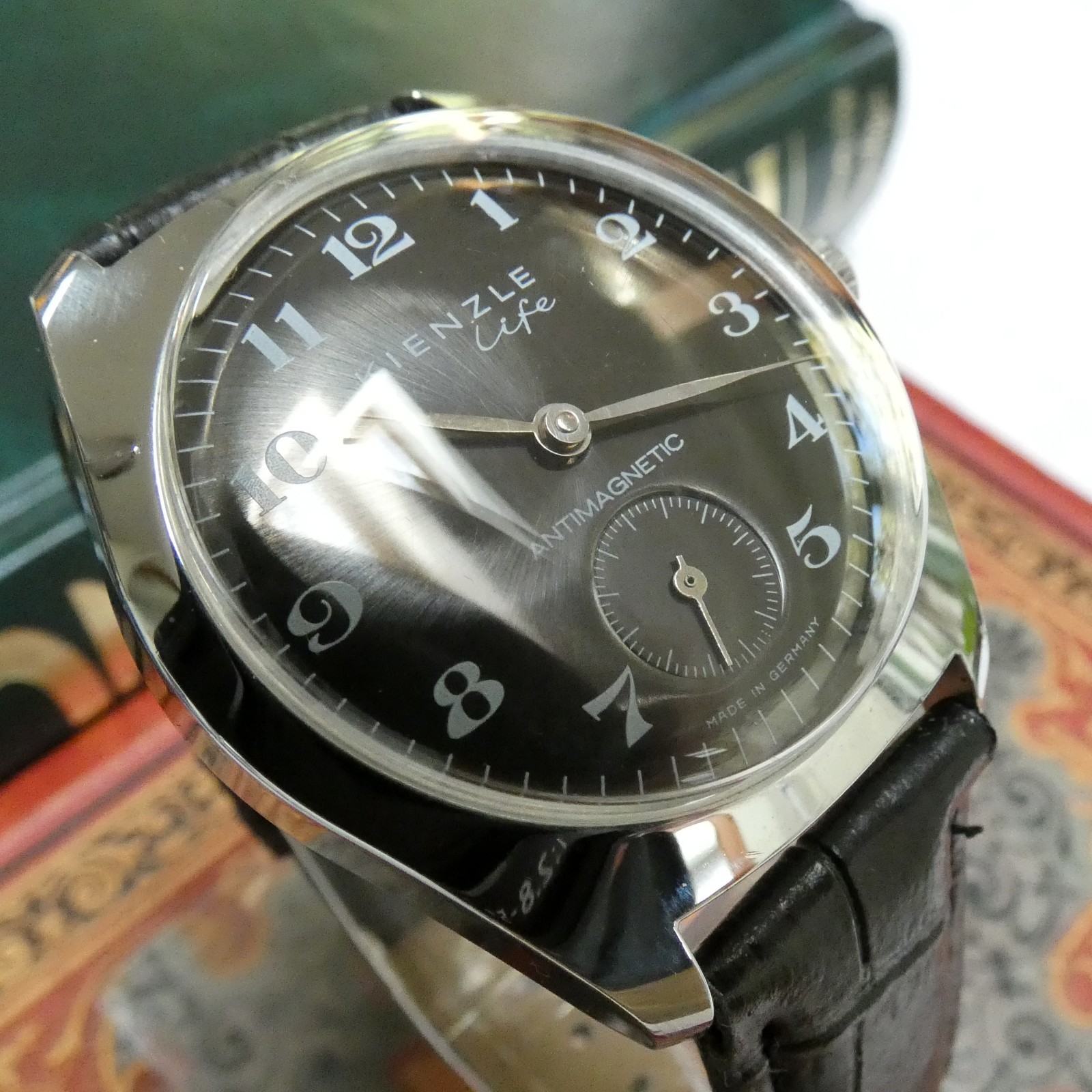 Vintage German KIENZLE Life 1970s Black Dial Tonneau Watch 35.5mm Tested Perfect