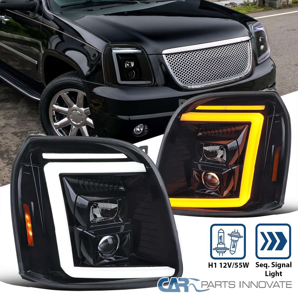 Black Smoke Fits 2007-2014 GMC Yukon XL 1500 Sequential LED Projector Headlights