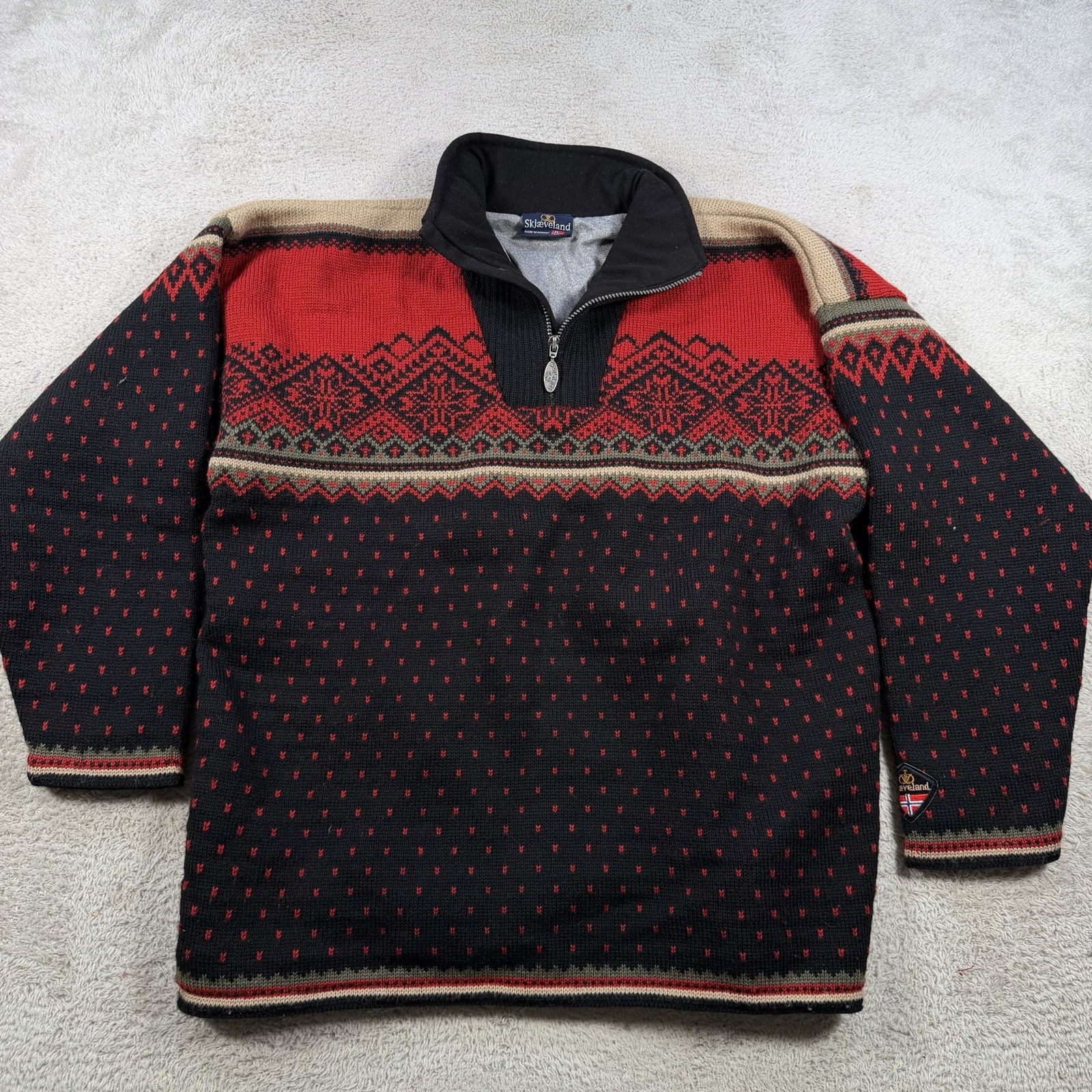 Vintage Skjaeveland Sweater Men Large Red Wool Fair Isle Nordic 1/4 Zip Birdseye Vintage Skjaeveland Sweater Men Large Red Wool Fair Isle Nordic 1/4 Zip Birdseye
