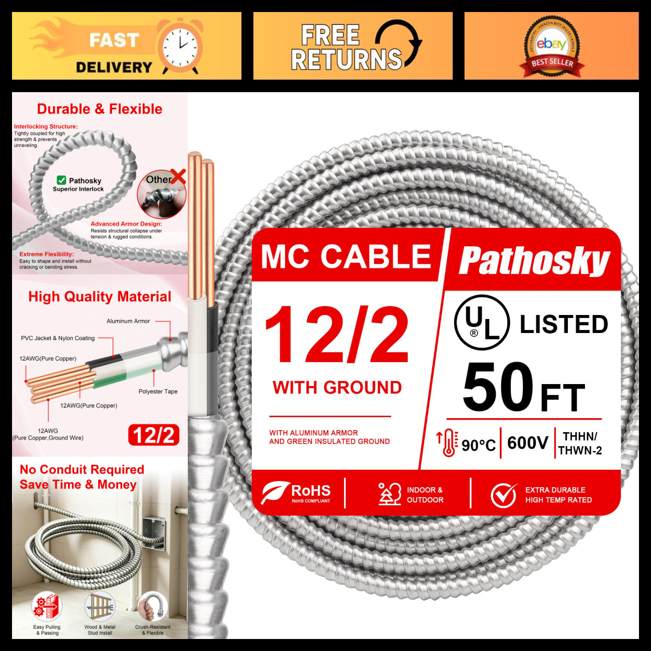 50FT 12/2 MC Cable - Metal Clad Electrical Wire, 12 AWG Copper, 600V, Indoor/Out 50FT 12/2 MC Cable - Metal Clad Electrical Wire, 12 AWG Copper, 600V, Indoor/Out