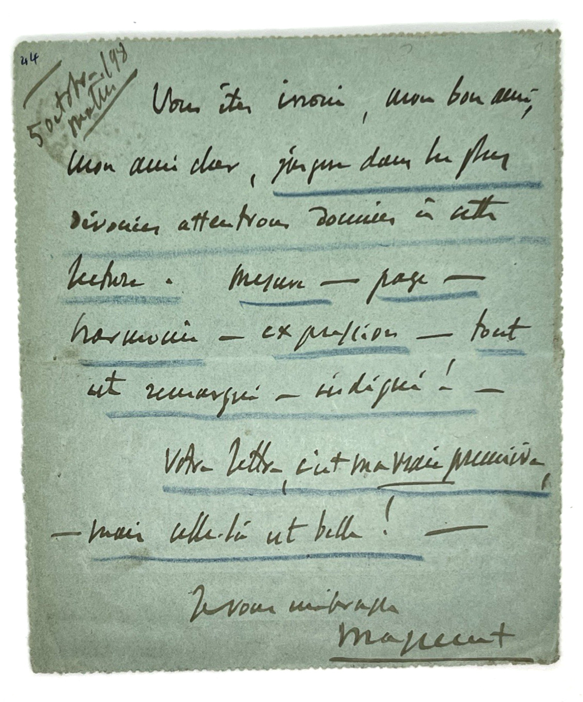 Jules Massenet Handwritten Signed Letter 1893 – Carte Pneumatique JSA LOA