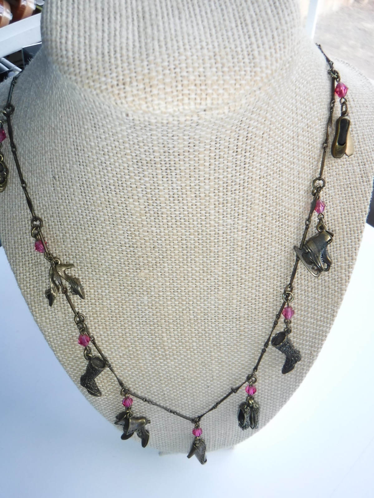 Sweet Romance Brass Pink Rhinestone Crystal Vintage Shoe Necklace 27\