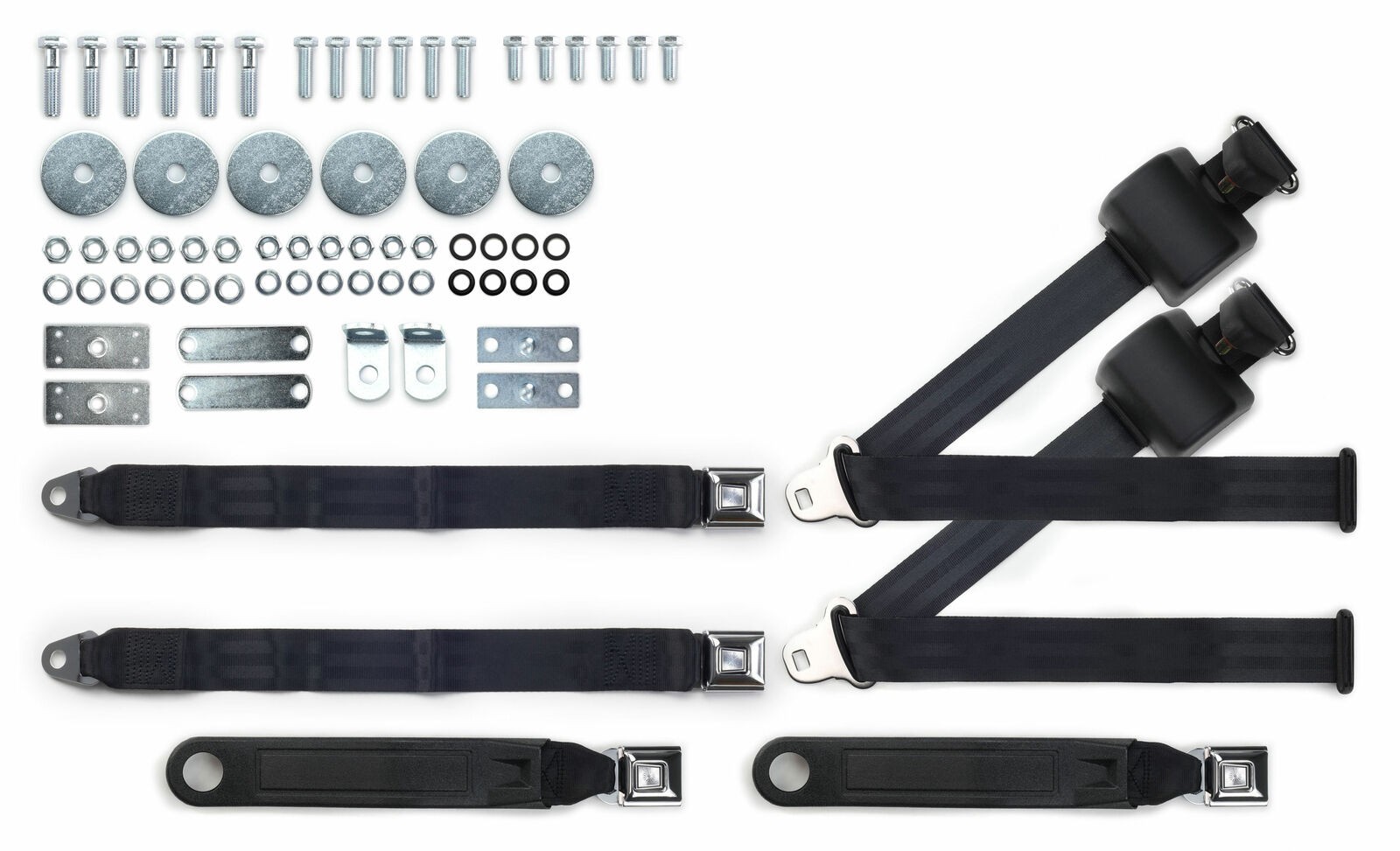 1964-72 Pontiac LeMans Black Shoulder Belt Kit Push Button Buckles & Hardware