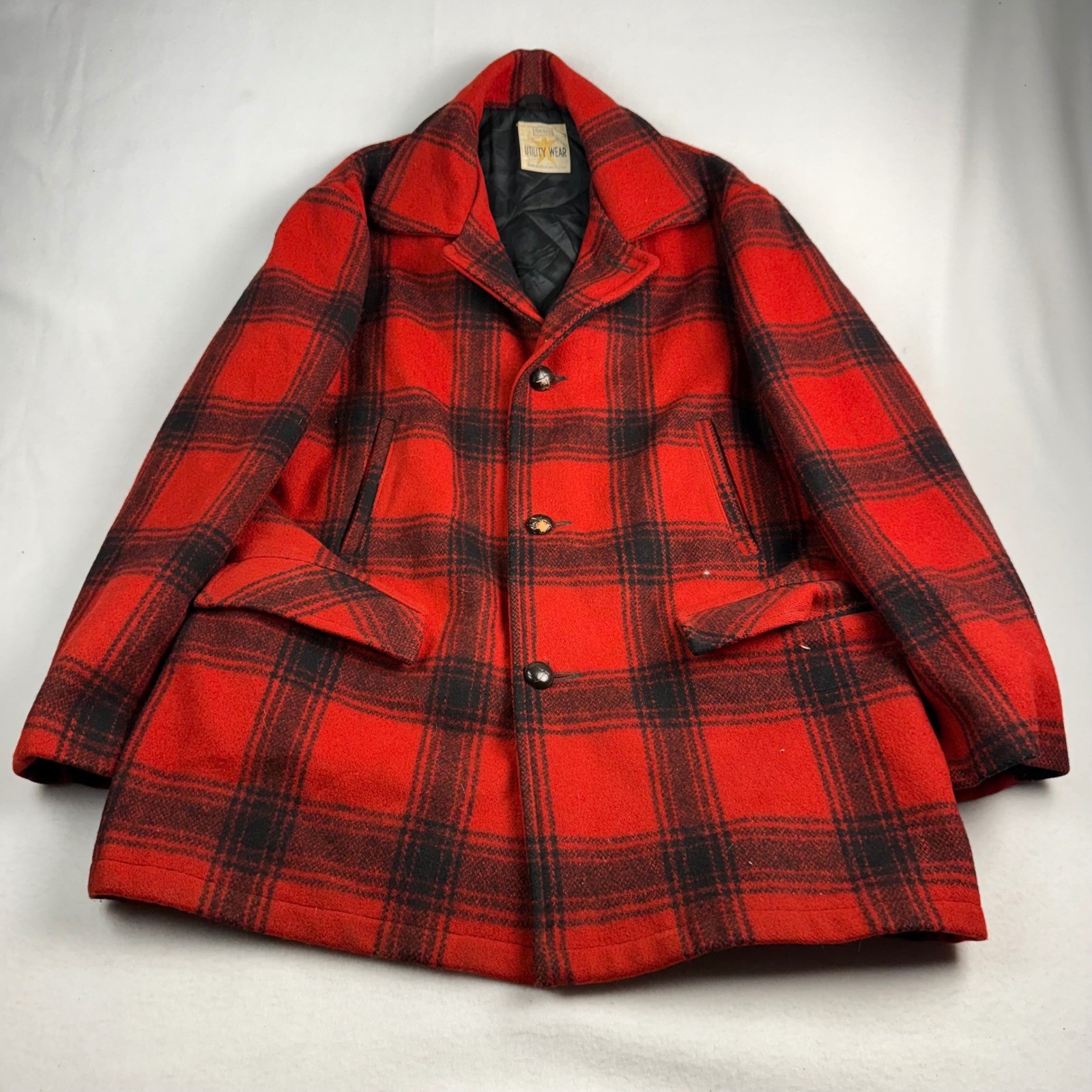 Vintage Sears Utility Wear Mens Red Black Buffalo Plaid Wool Hunting Jacket L
