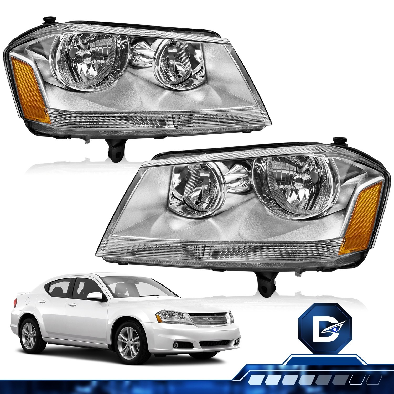 For 2008-2014 Dodge Avenger SE SXT Chrome Headlights Assembly Headlamps Pair 
