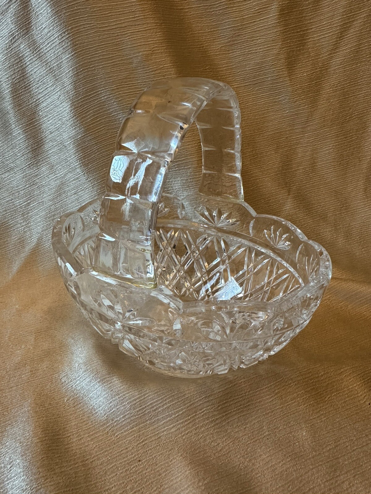 Vintage Bohemia 24% Lead Crystal Etched Candy Dish Basket Handle