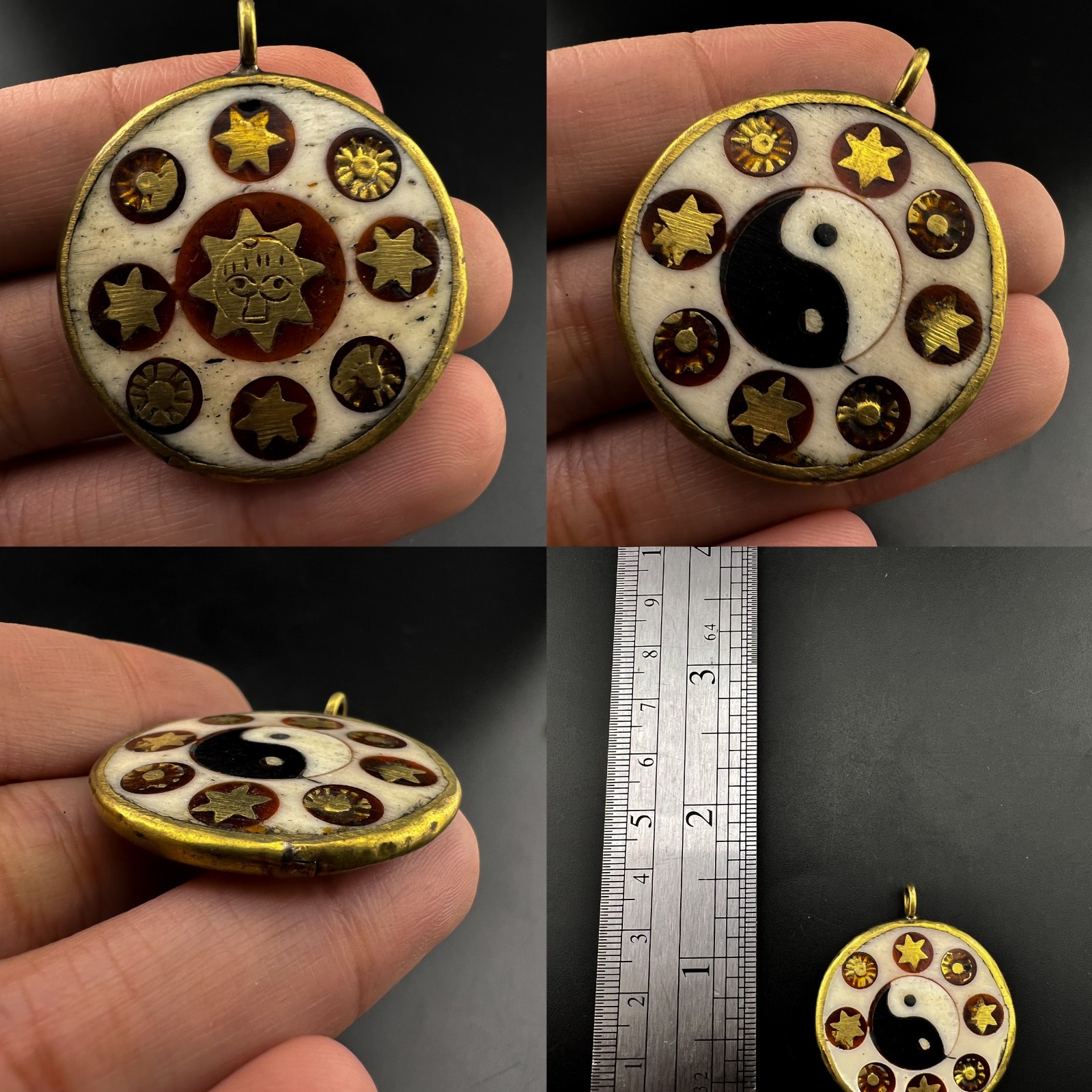 Vintage Celestial Yin Yang Sun Star Amulet Pendant Brass Bone Inlay Talisman