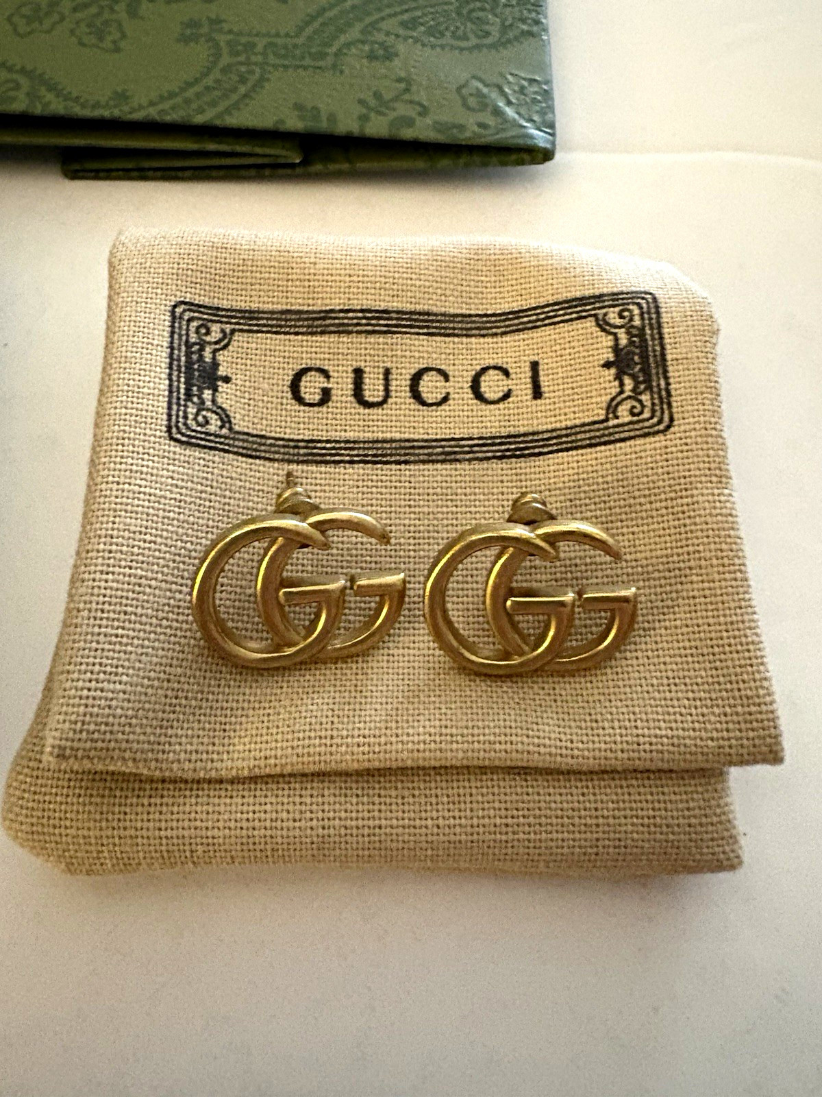 Gucci Gold Tone GG Logo Stud Earrings With Box